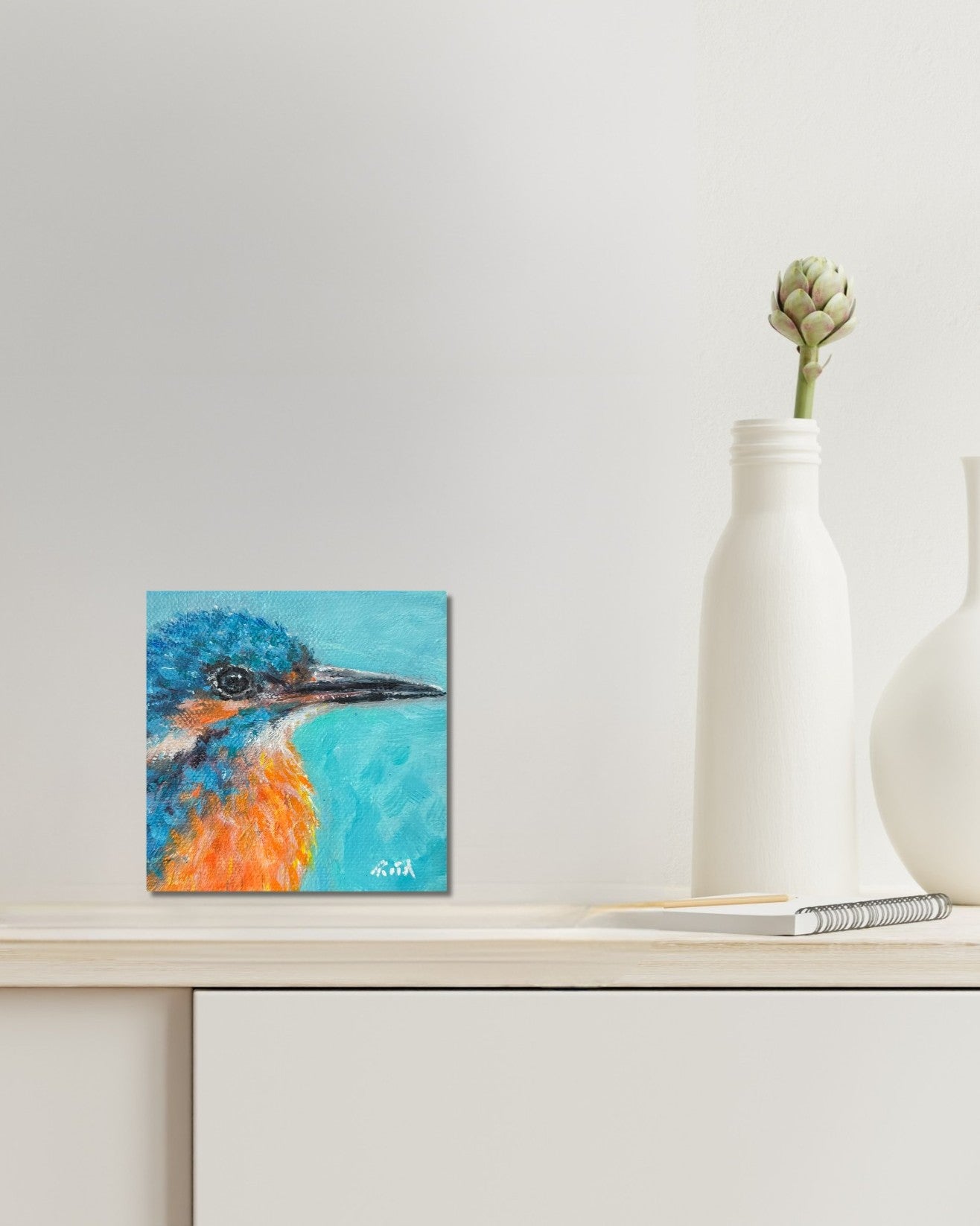 Original Kingfisher Oil Painting - 4x4" Small Bird Art