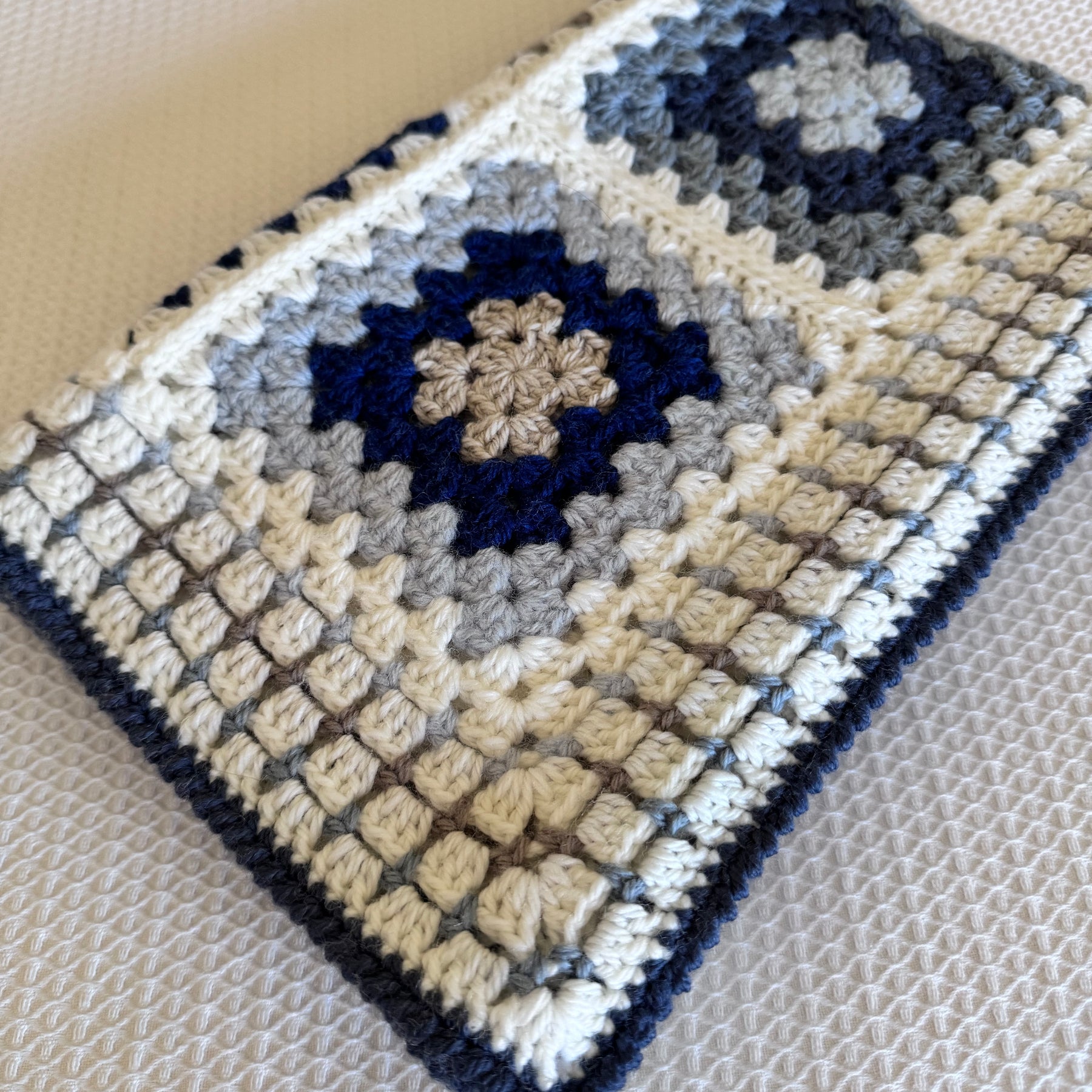 Ready to Ship Granny Square Blanket in Natural and Blue Tones