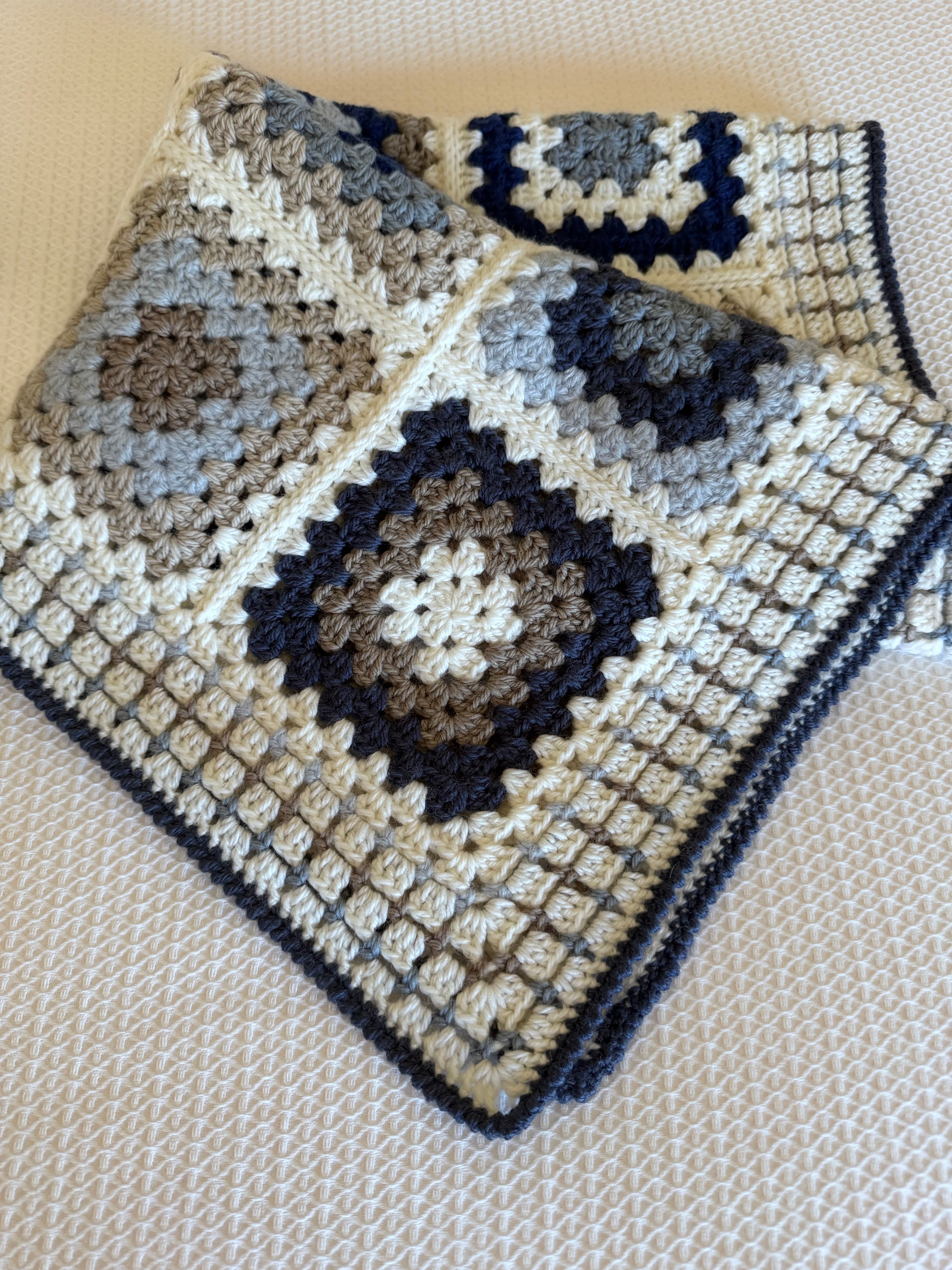 Ready to Ship Granny Square Blanket in Natural and Blue Tones