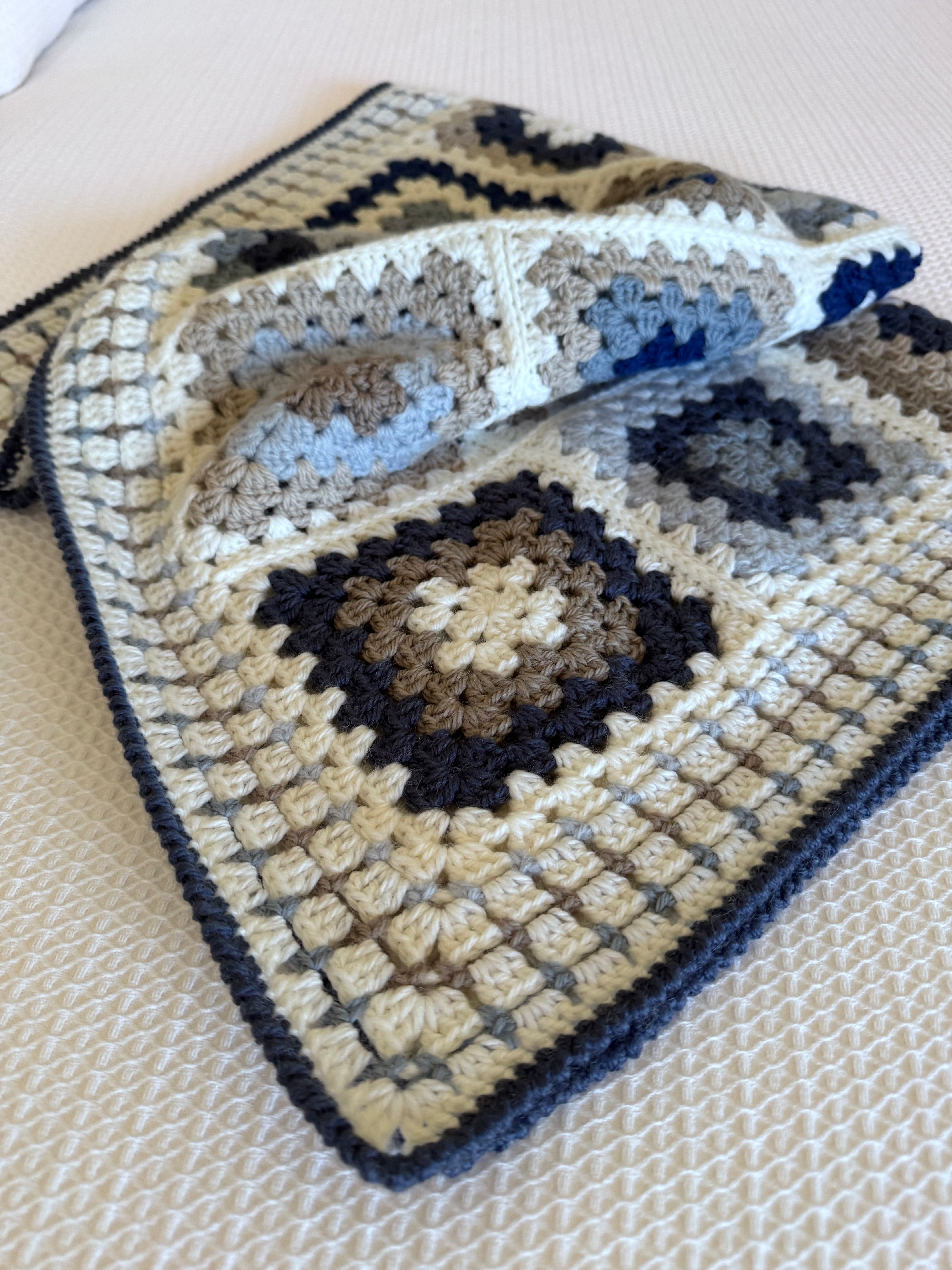 Ready to Ship Granny Square Blanket in Natural and Blue Tones