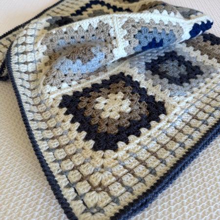 Ready to Ship Granny Square Blanket in Natural and Blue Tones