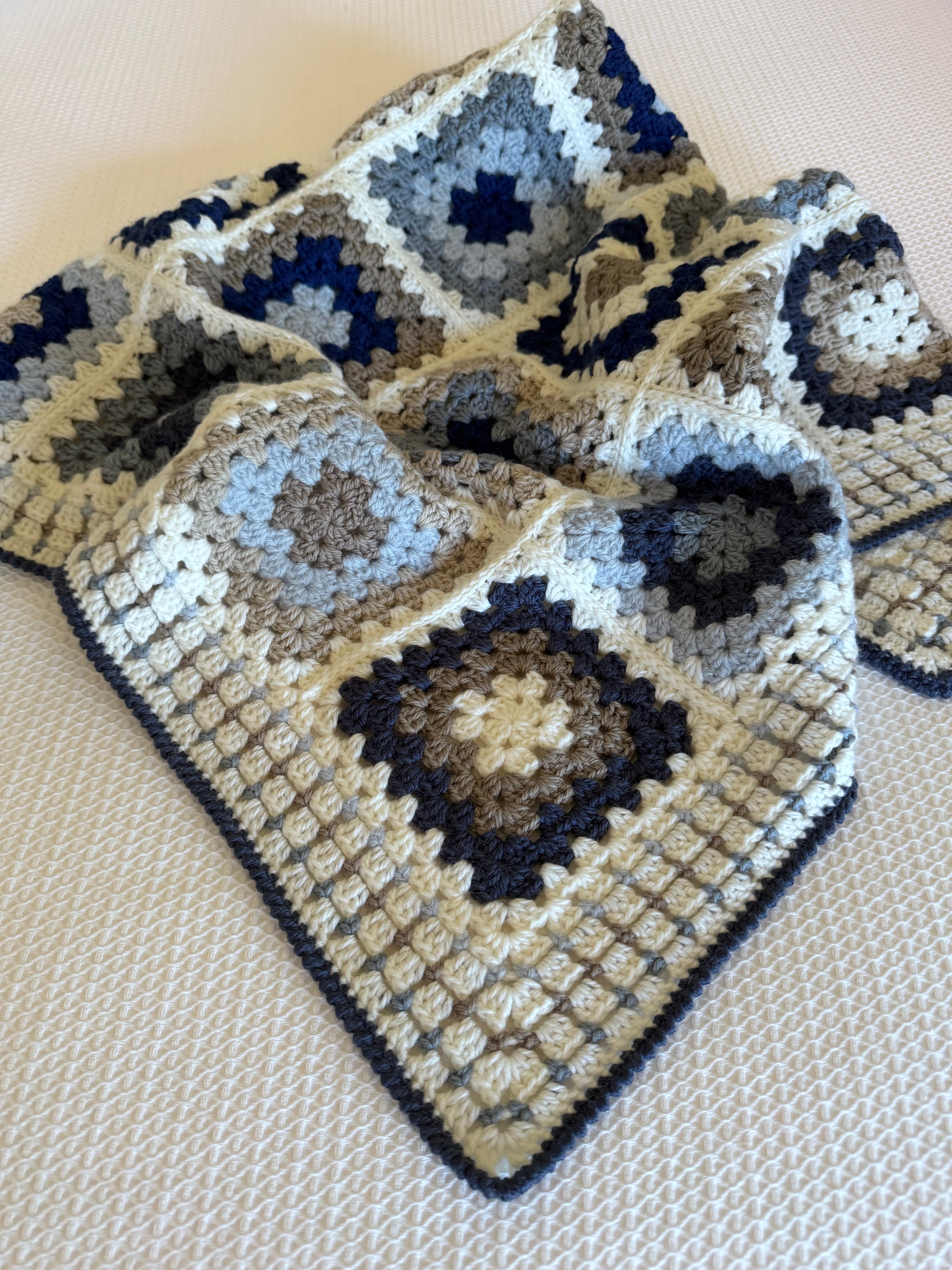 Ready to Ship Granny Square Blanket in Natural and Blue Tones