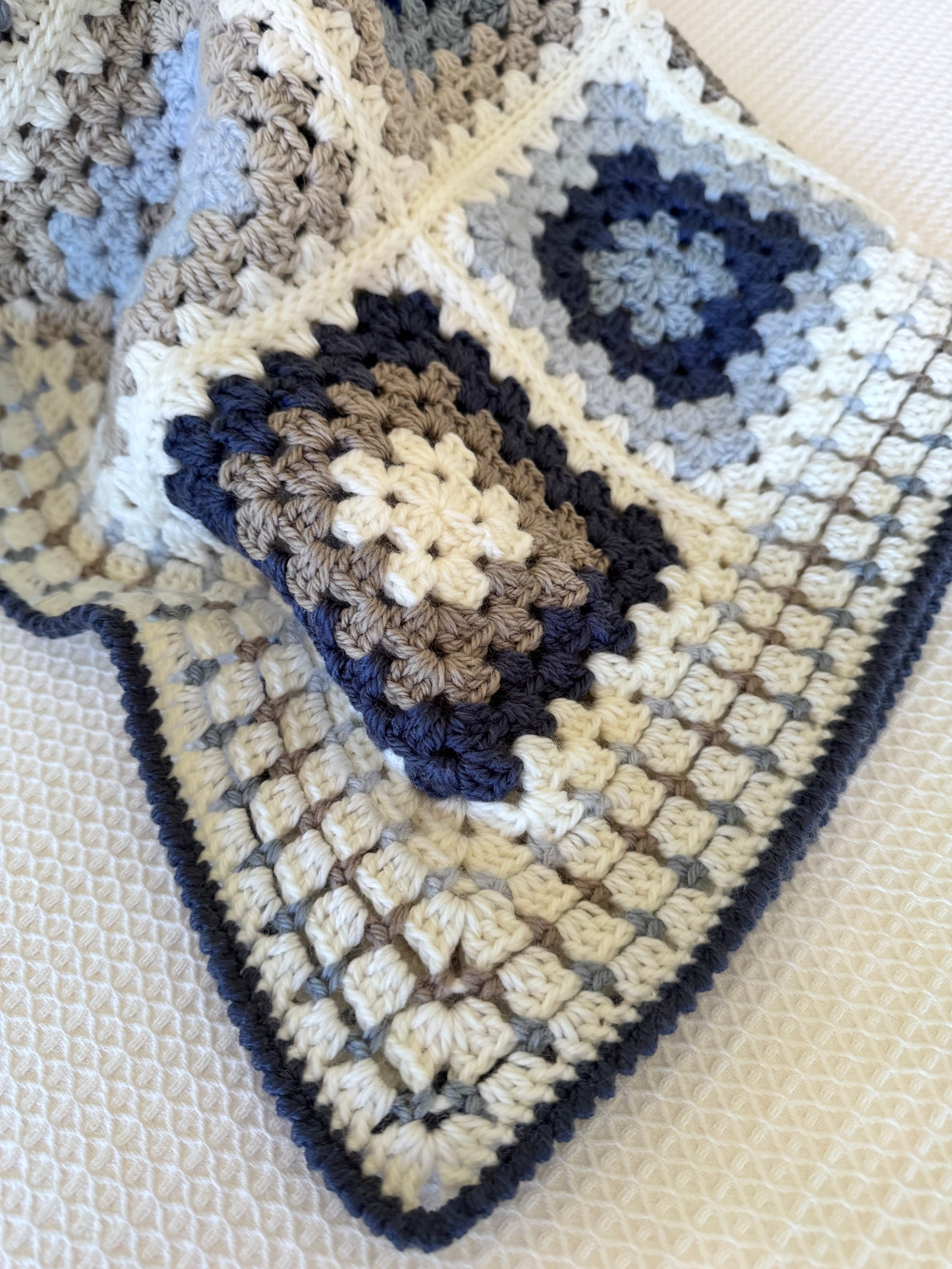Ready to Ship Granny Square Blanket in Natural and Blue Tones