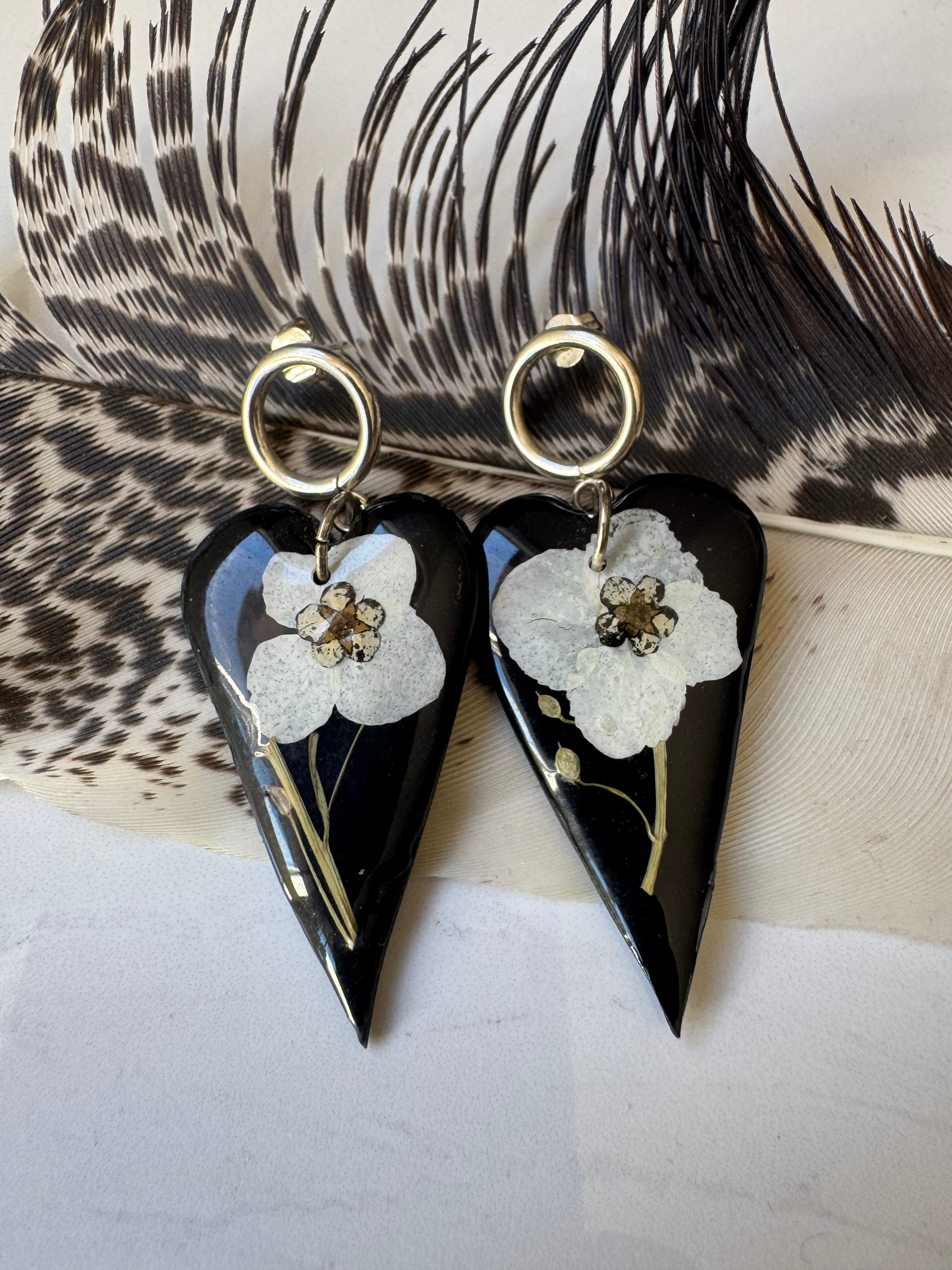 Floral black heart polymer clay earrings