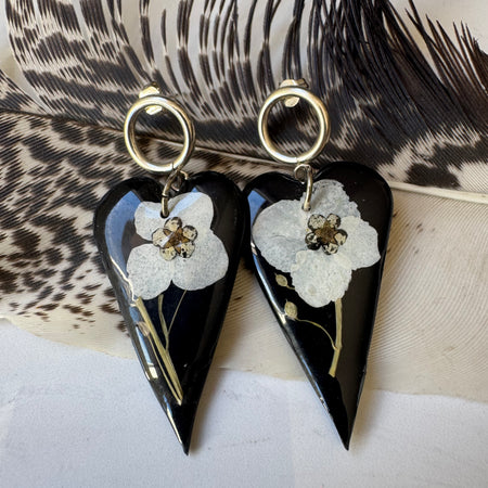 Floral black heart polymer clay earrings