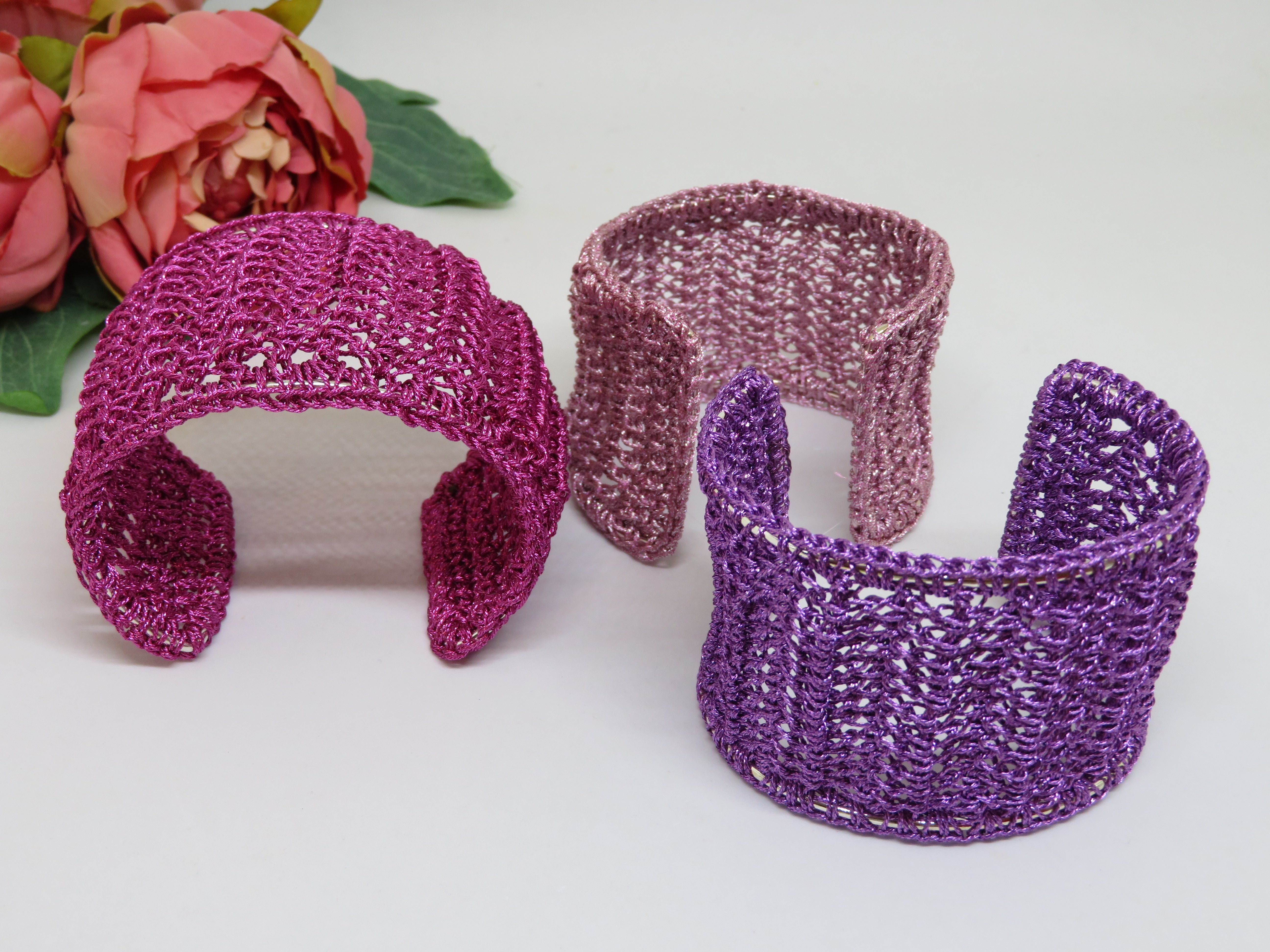 Bespoke Handmade Gold Crochet Shimmer Thread Cuff Bracelet