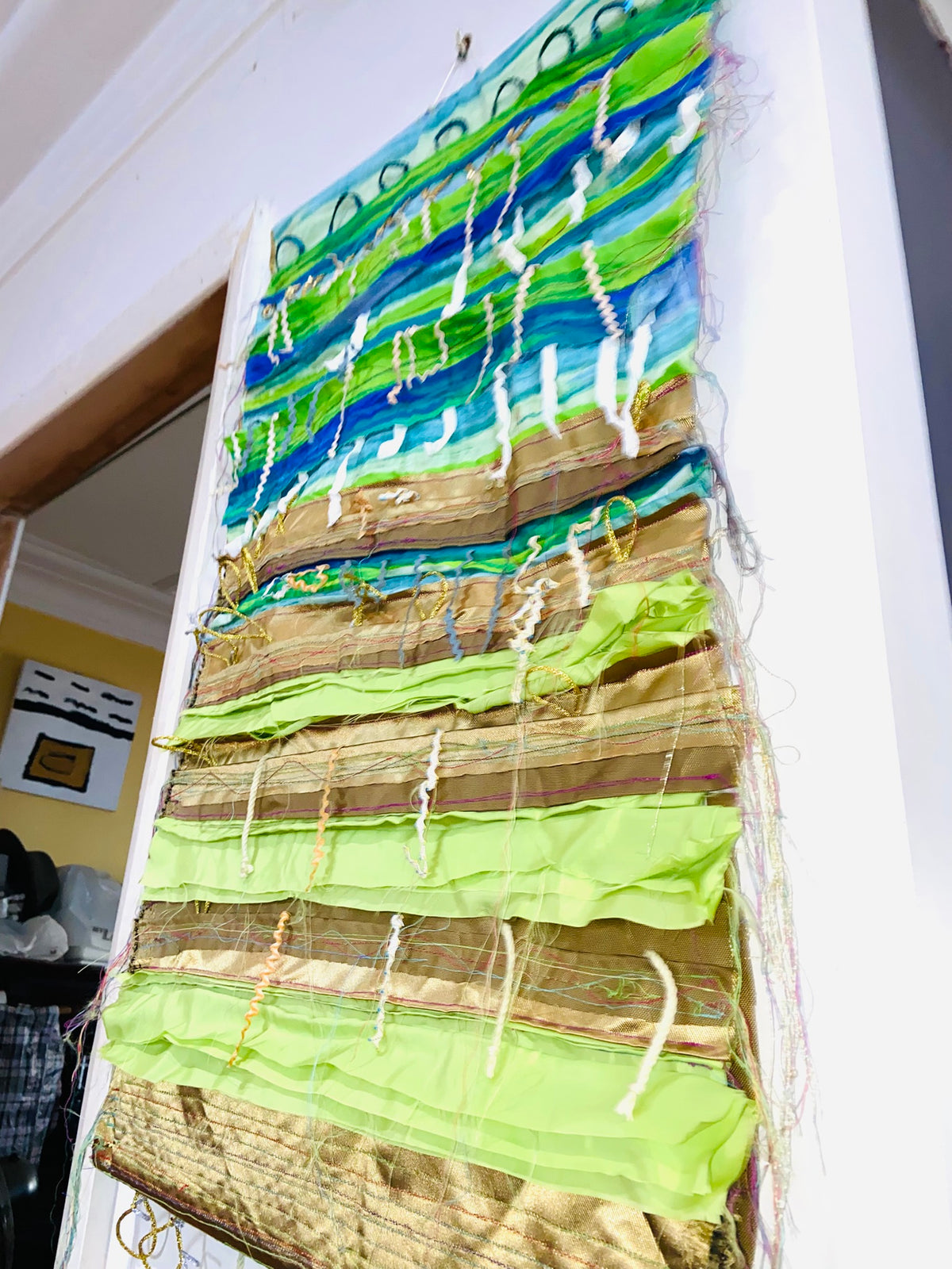 Green, Blue and Gold textile wall hanging
