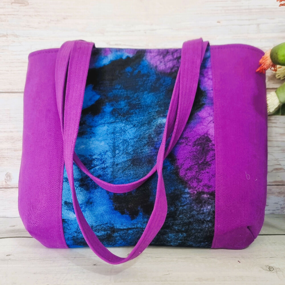 Upcycled small tote bag - purple & blue abstract floral