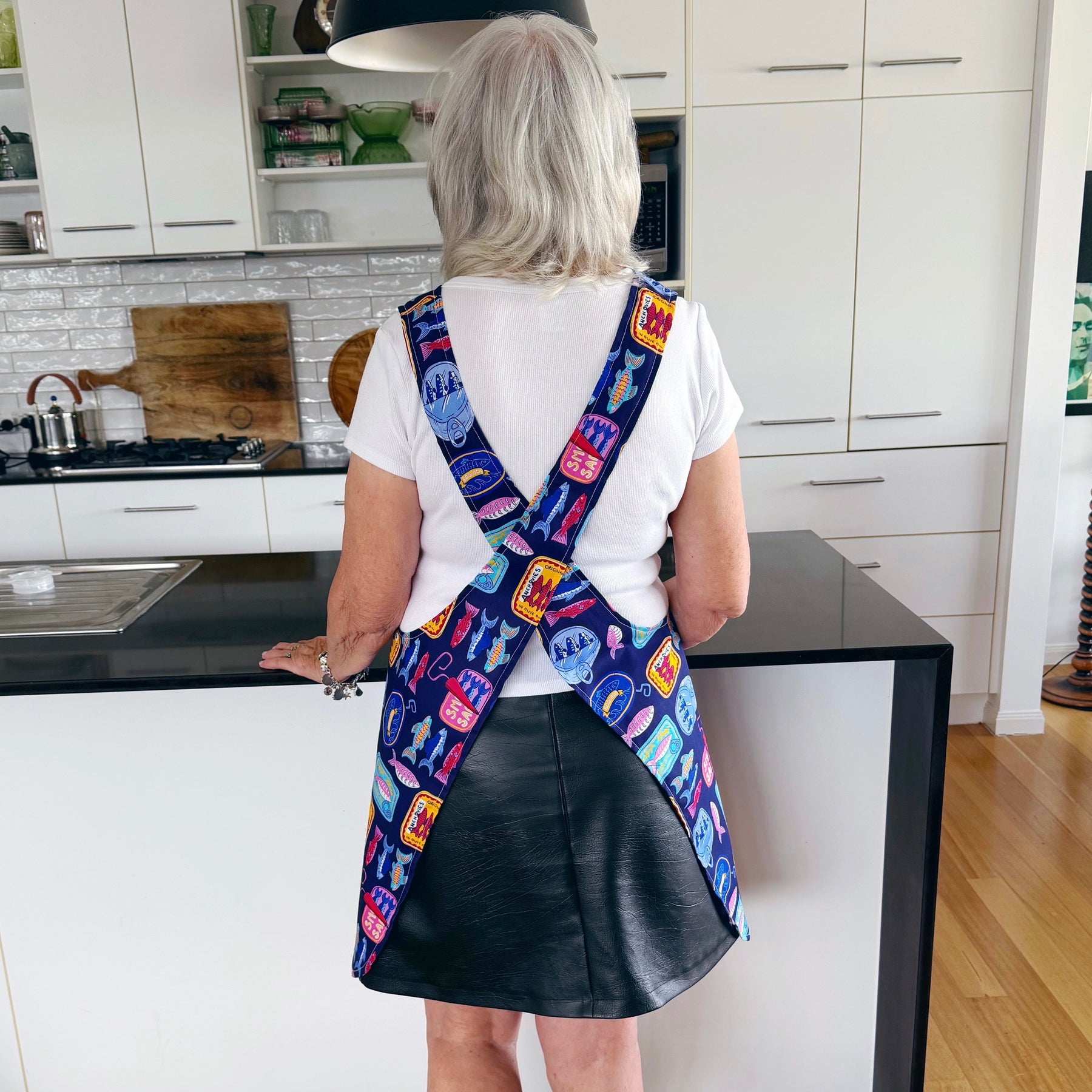 Sardines Japanese style cross back kitchen apron. Crafting, gardening, no ties apron.