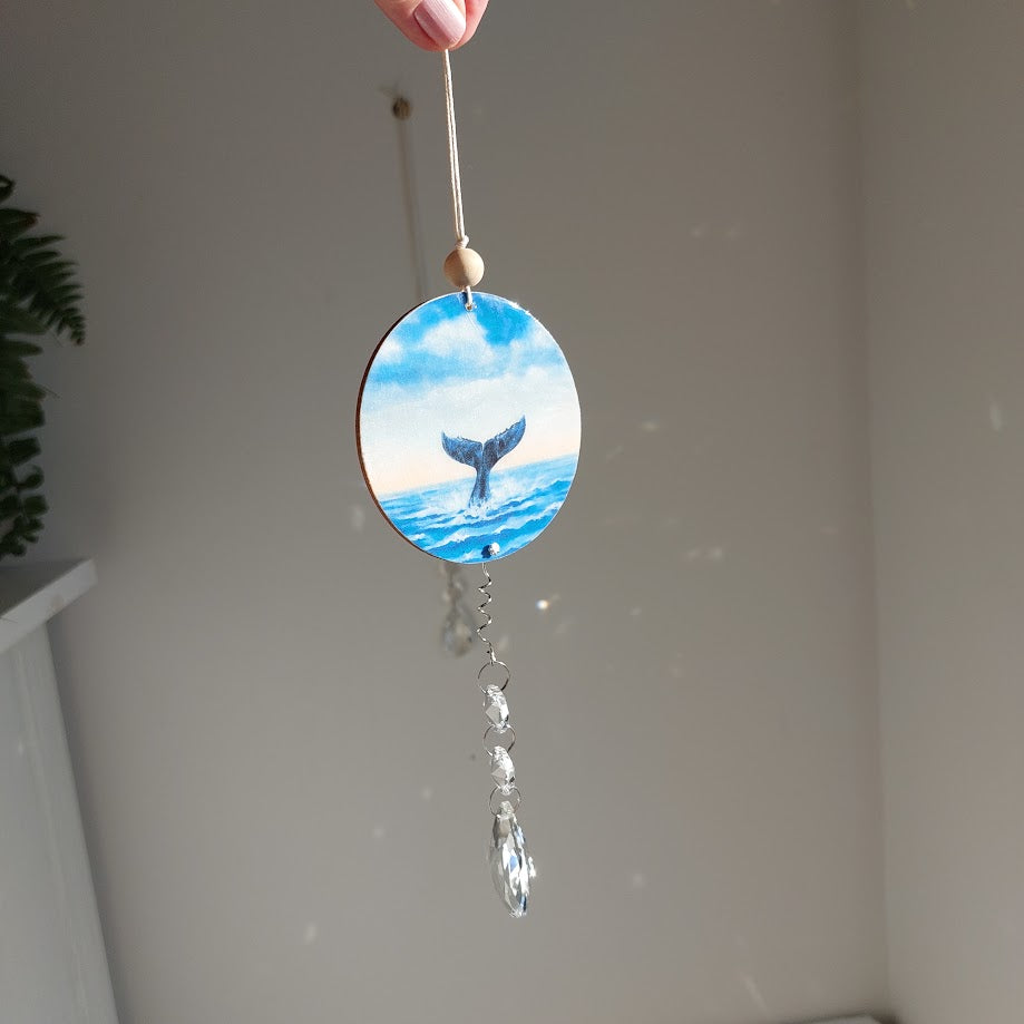 Whale Tail Timber and Crystal Suncatcher, Wall Window Hanging