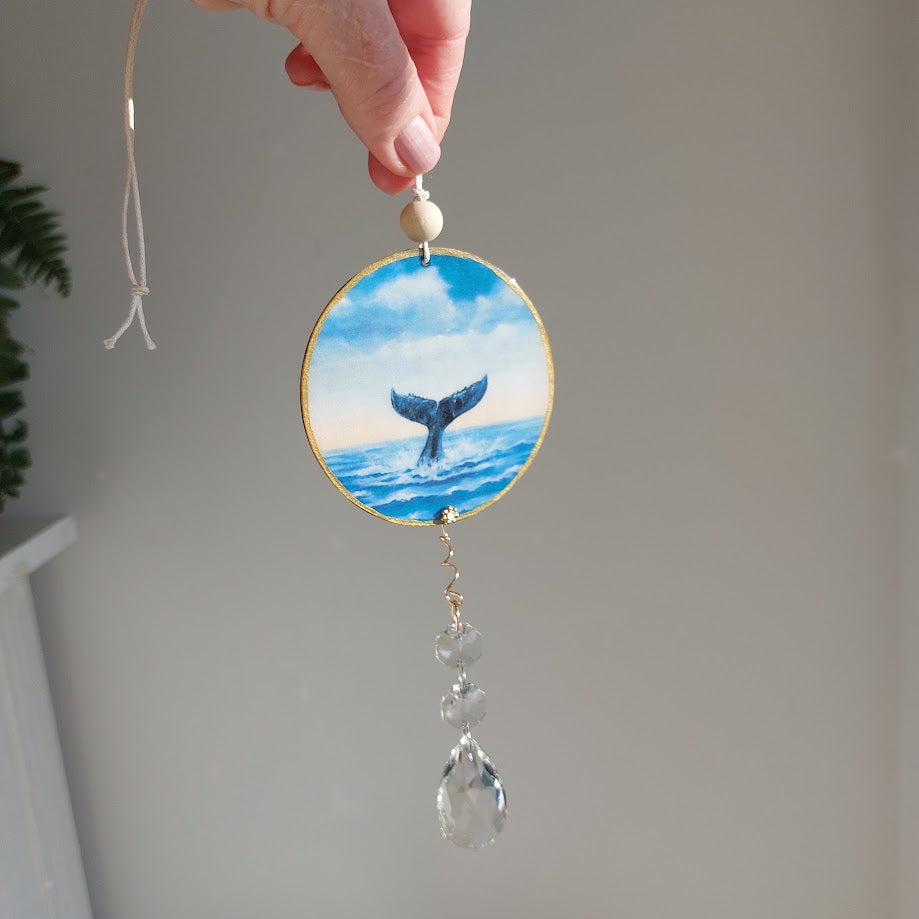 Whale Tail Timber and Crystal Suncatcher, Wall Window Hanging