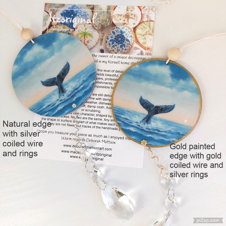 Whale Tail Timber and Crystal Suncatcher, Wall Window Hanging