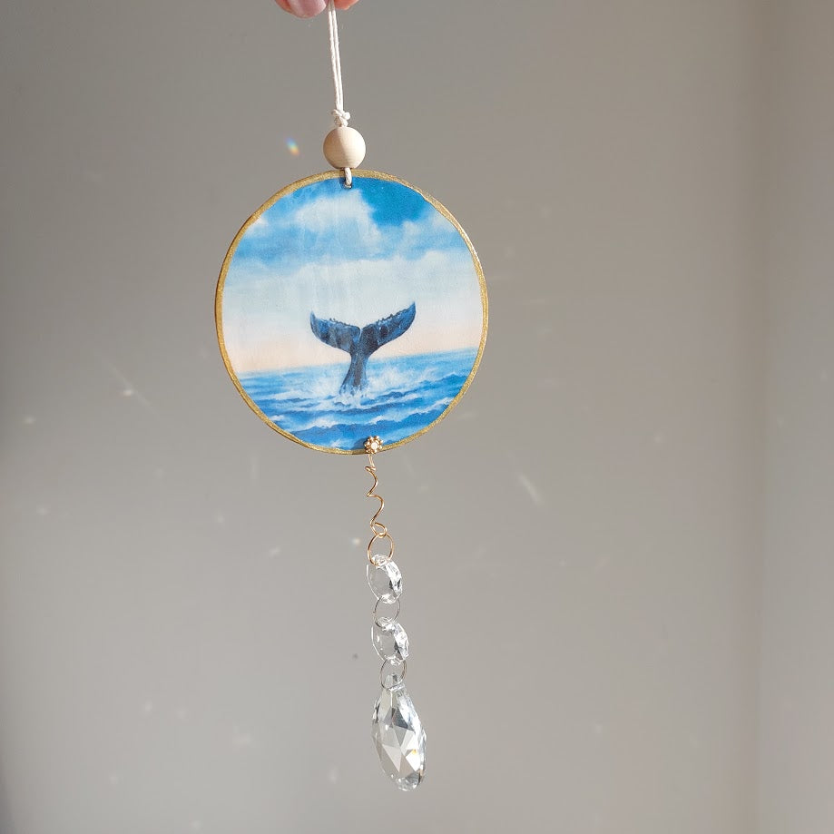 Whale Tail Timber and Crystal Suncatcher, Wall Window Hanging