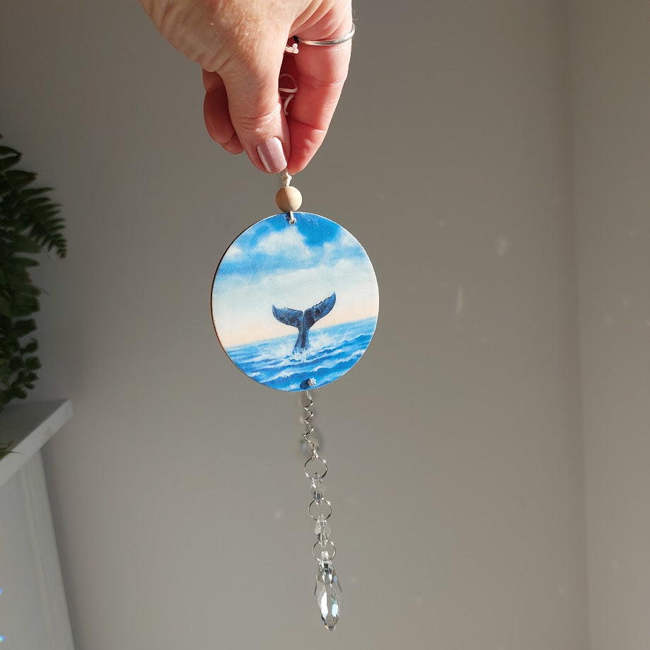 Whale Tail Timber and Crystal Suncatcher, Wall Window Hanging