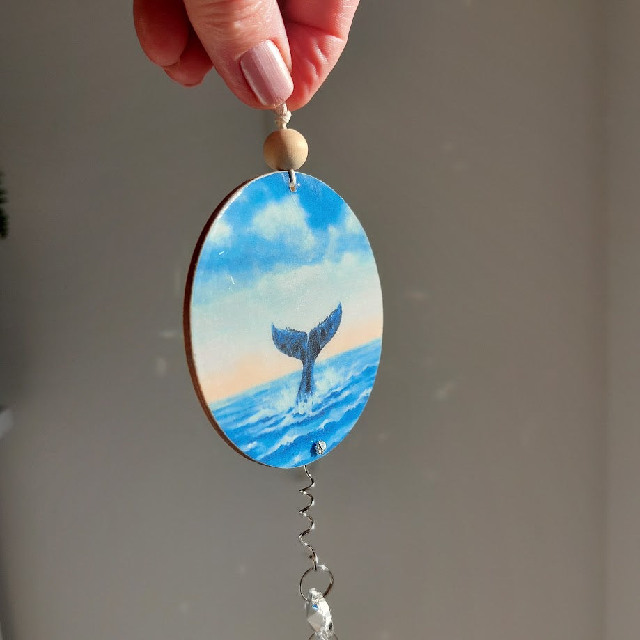 Whale Tail Timber and Crystal Suncatcher, Wall Window Hanging