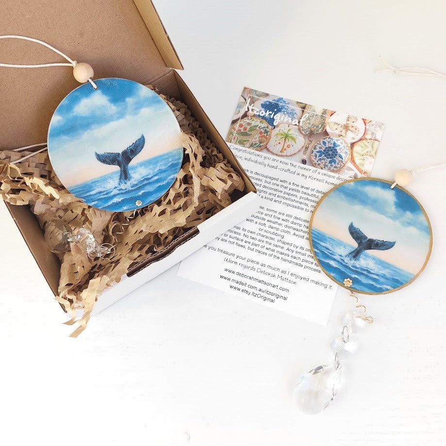Whale Tail Timber and Crystal Suncatcher, Wall Window Hanging