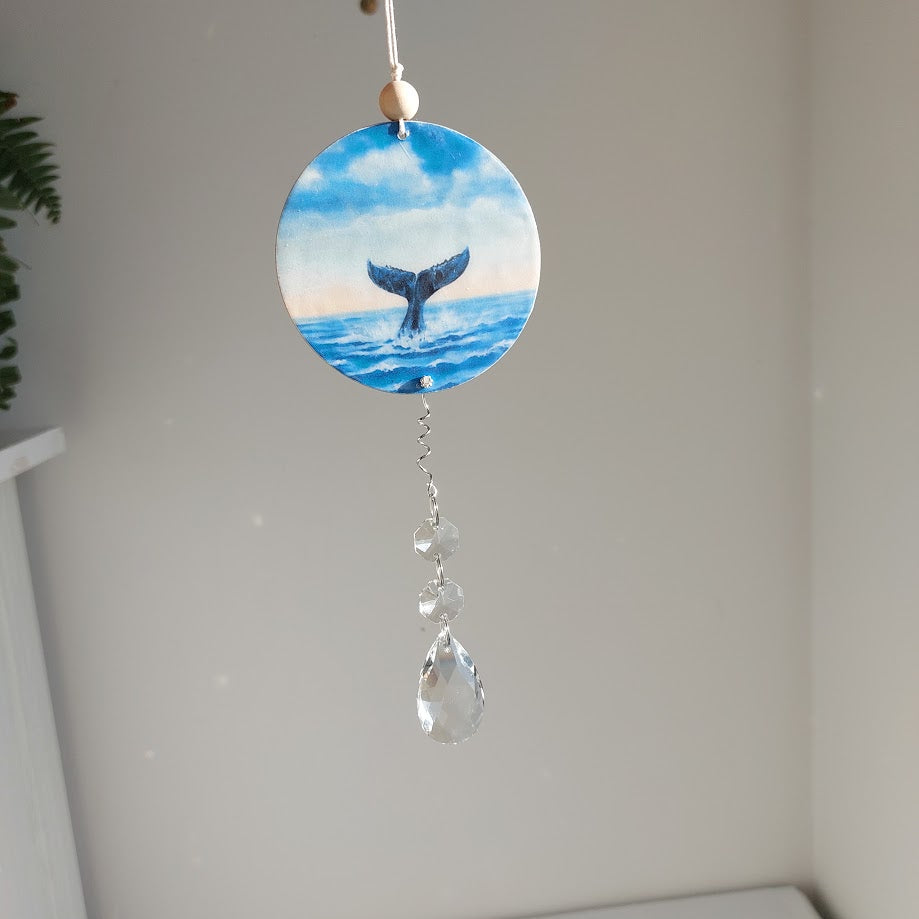 Whale Tail Timber and Crystal Suncatcher, Wall Window Hanging