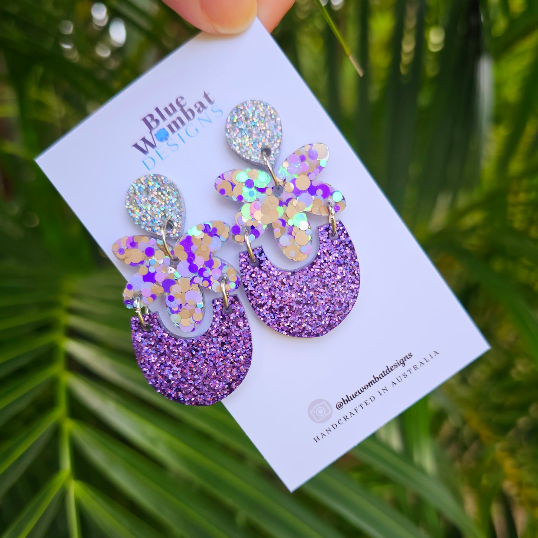 Handmade Purple Glitter Resin Statement Dangle Earrings