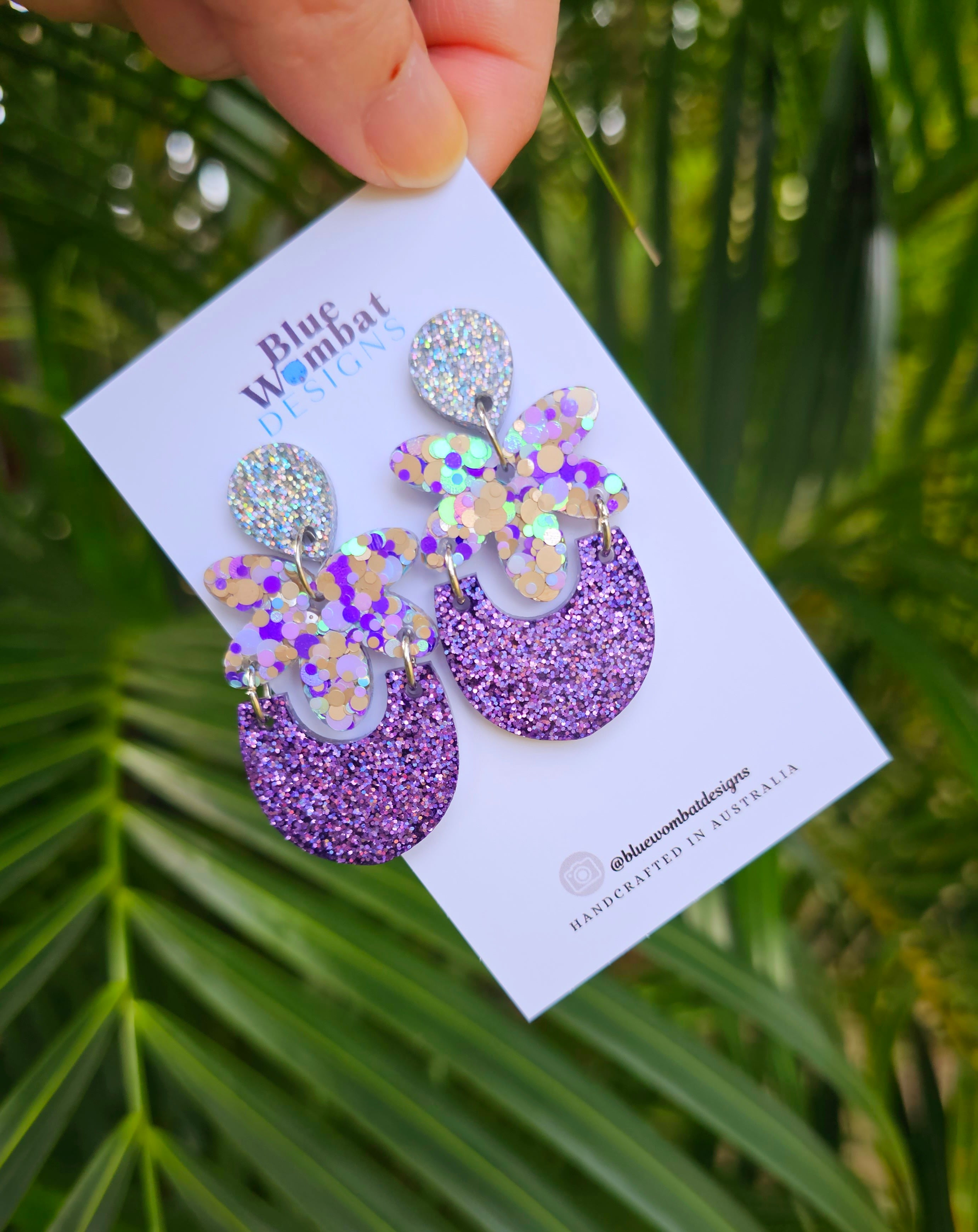 Handmade Purple Glitter Resin Statement Dangle Earrings
