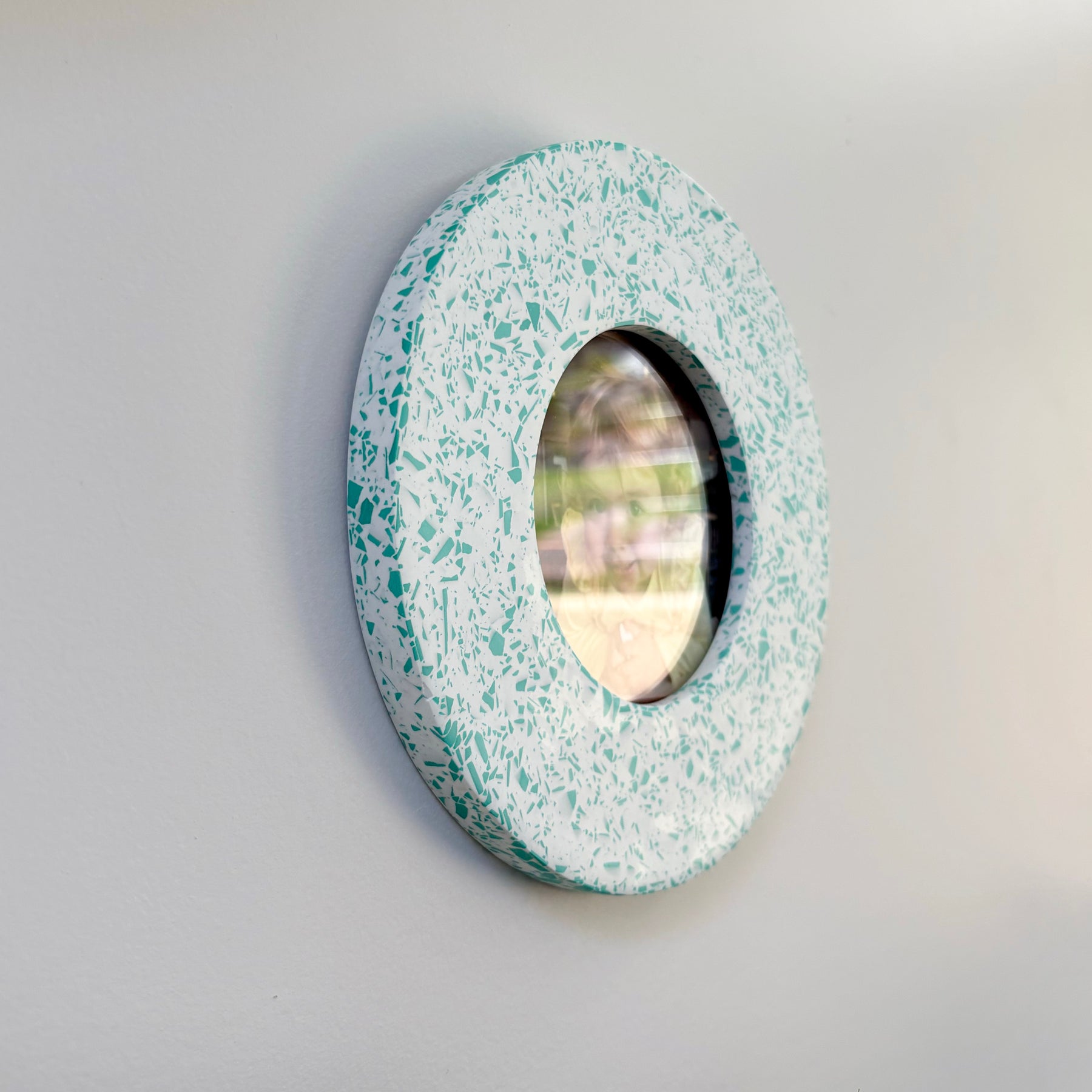 Bright teal green and white terrazzo pattern wall hanging picture frame