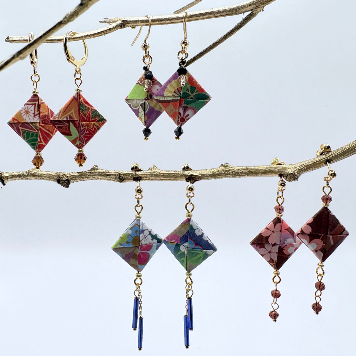 Origami Earrings – Botanicals of the Seasons – Set of 4.  Japanese Paper Jewellery