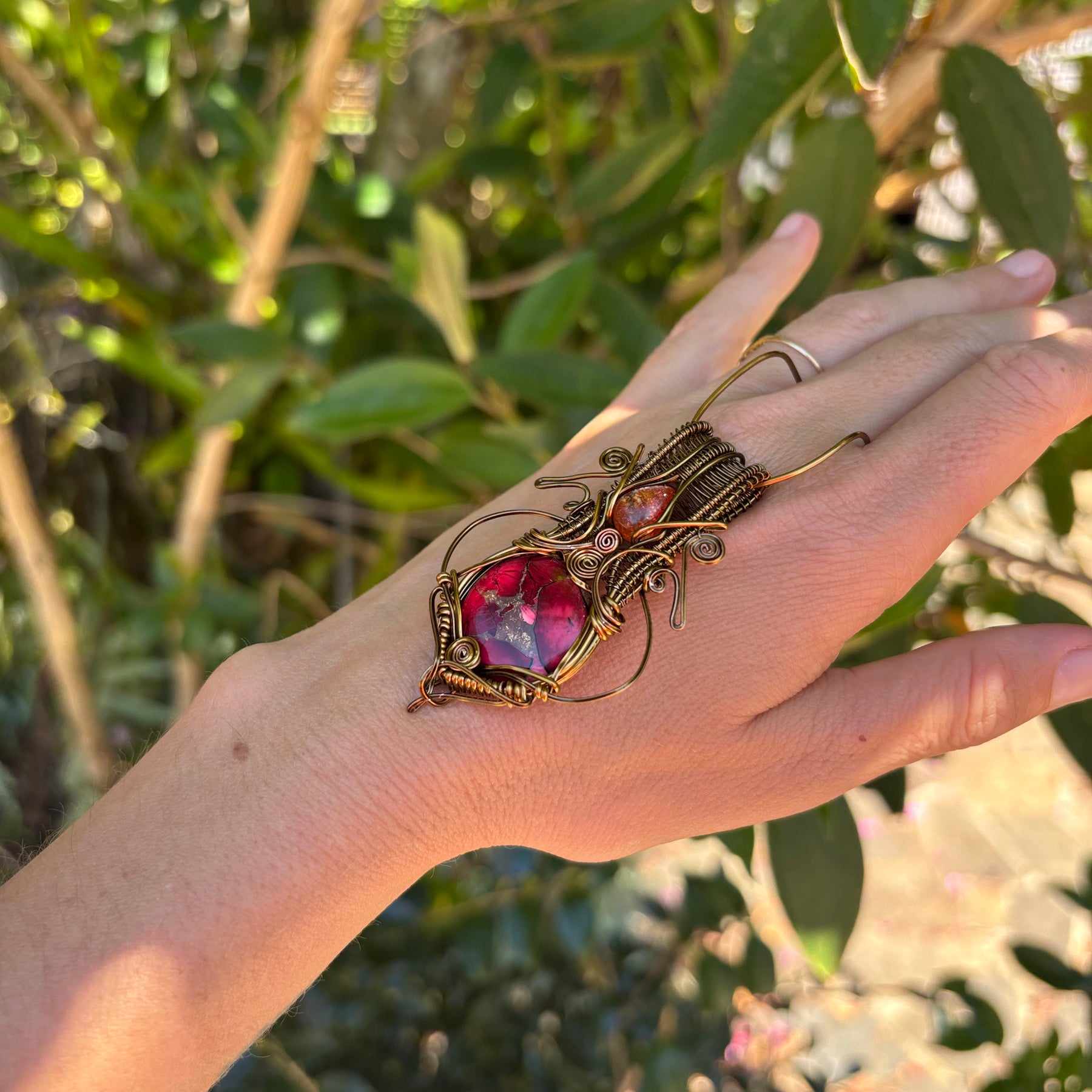 Sunstone Mojave turquoise copper crystal wire wrap pendant