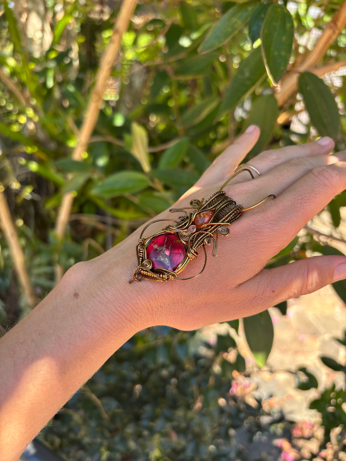 Sunstone Mojave turquoise copper crystal wire wrap pendant