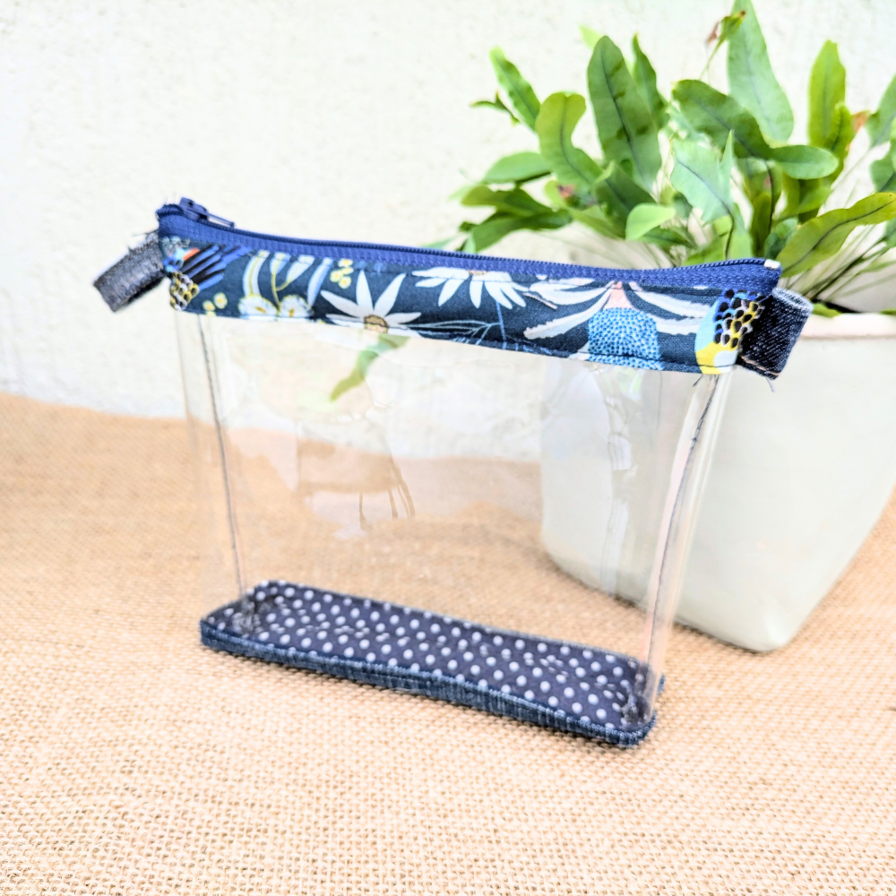 Clear Travel Pouch Organiser Upcycled Denim Flannel Flowers