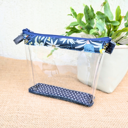 Clear Pouch Organizer with Upcycled Denim Flannel Flowers