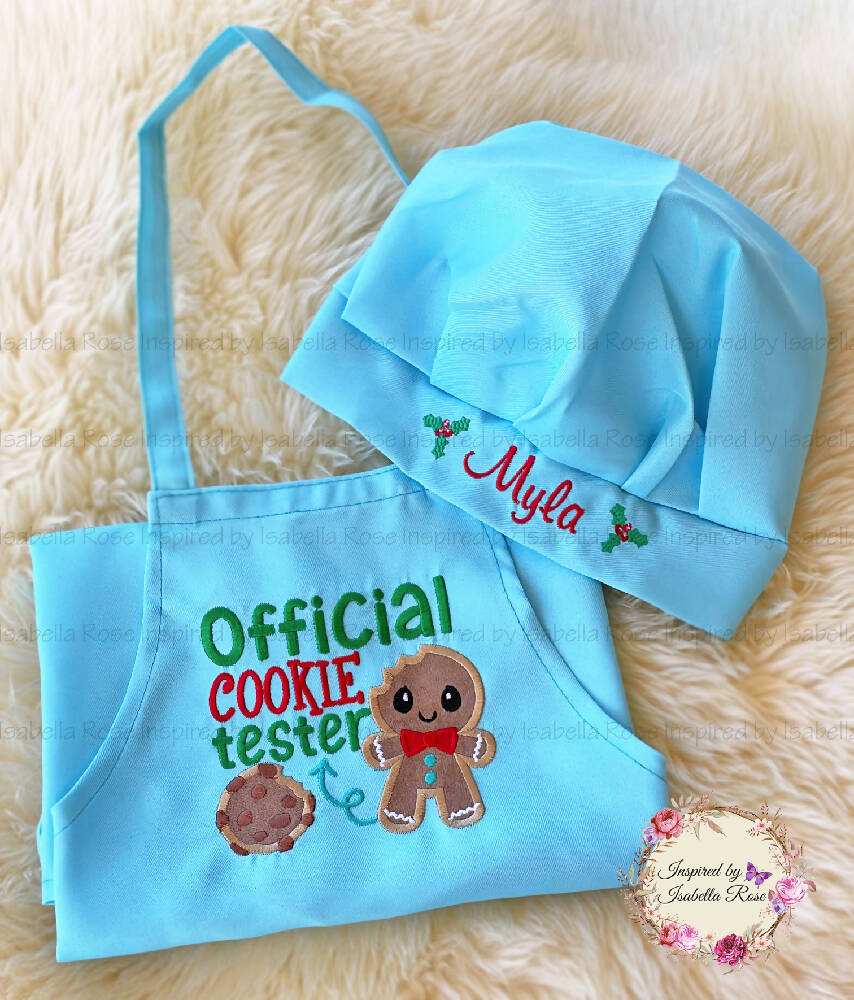 Childrens apron set, Mini chef hat, Embroidered, Made to order