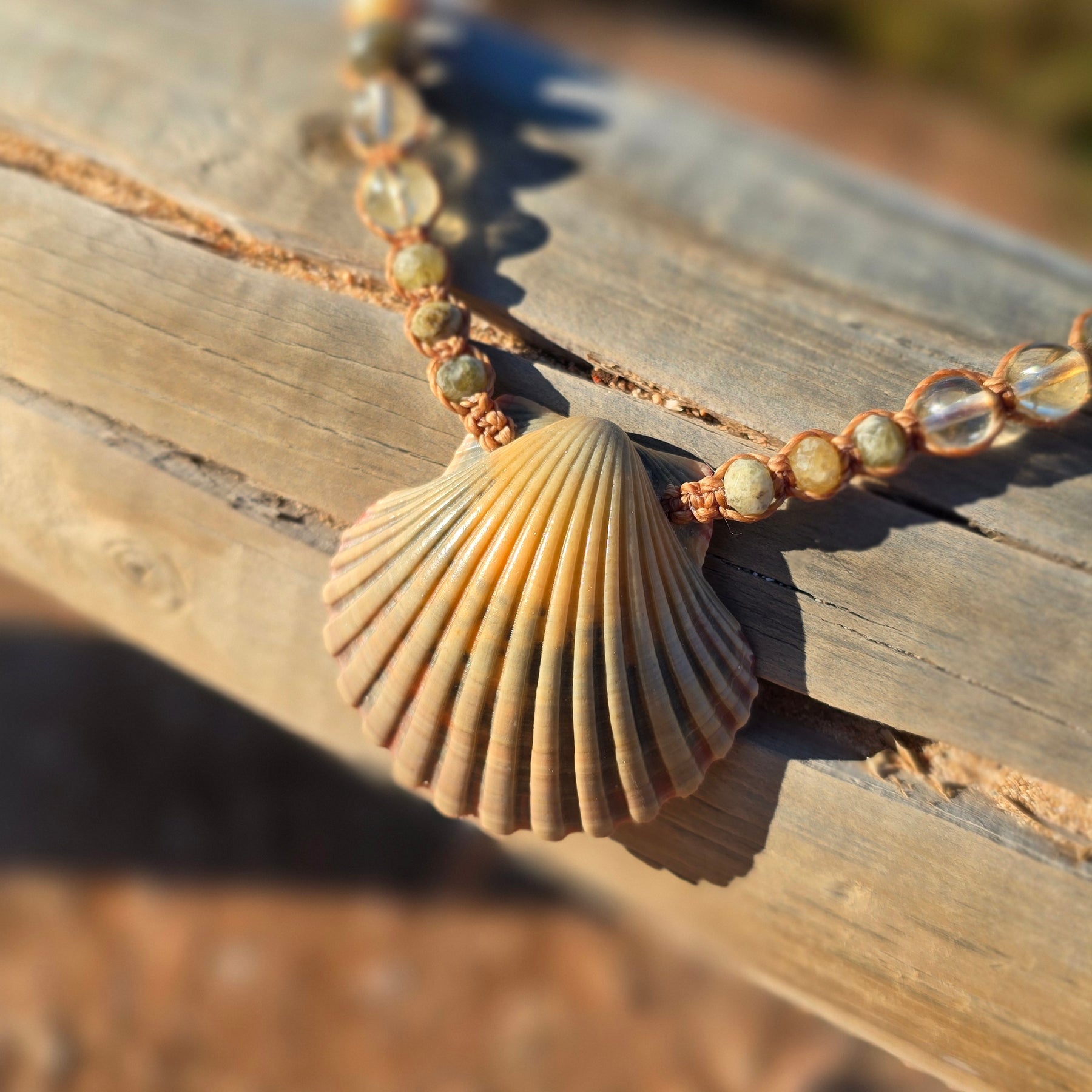 Scallop Shell Necklace with Labradorite and Yellow Opal