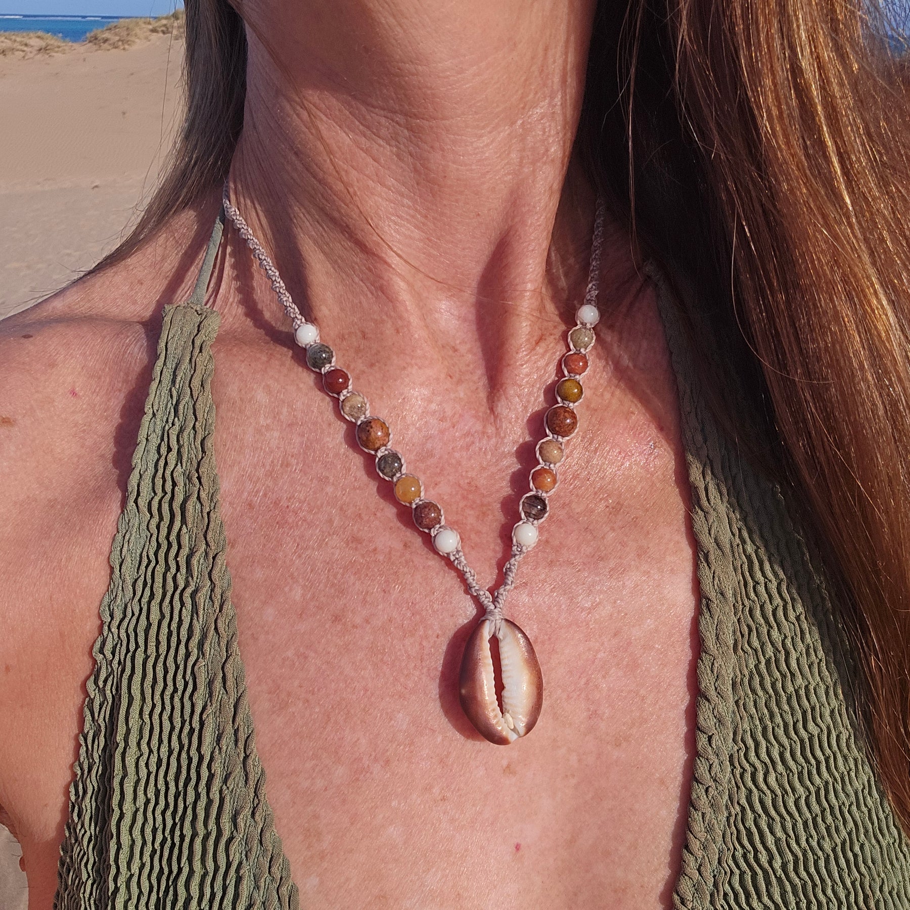 Cowrie Shell and Ocean Agate macrame Necklace