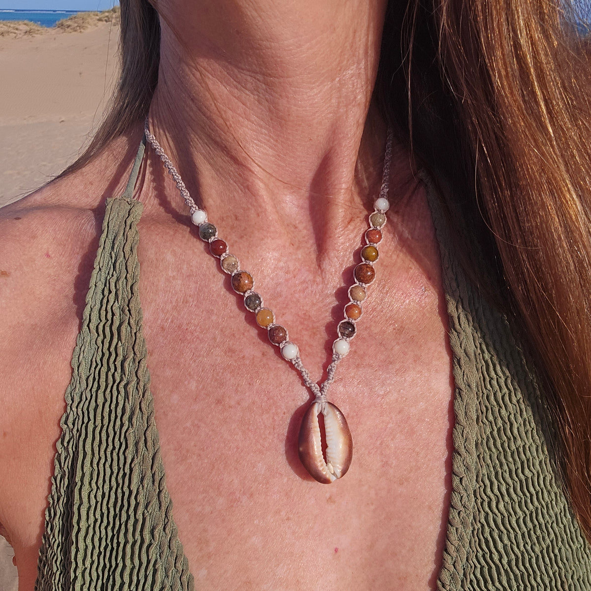 Cowrie Shell and Ocean Agate macrame Necklace