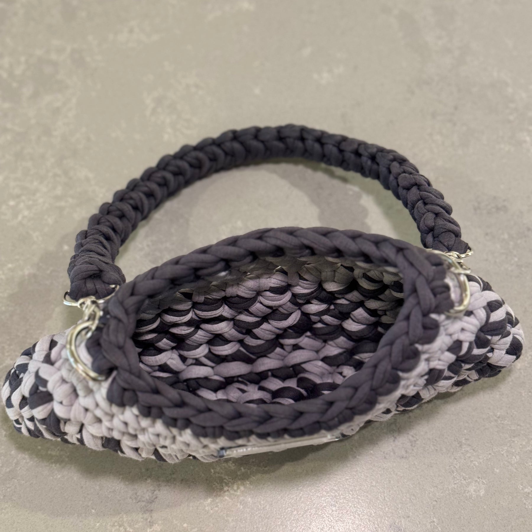Mini Shoulder Bag | Handmade Crochet Accessary | Light Grey x Charcoal Cotton & Recycled T-shirt Yarn