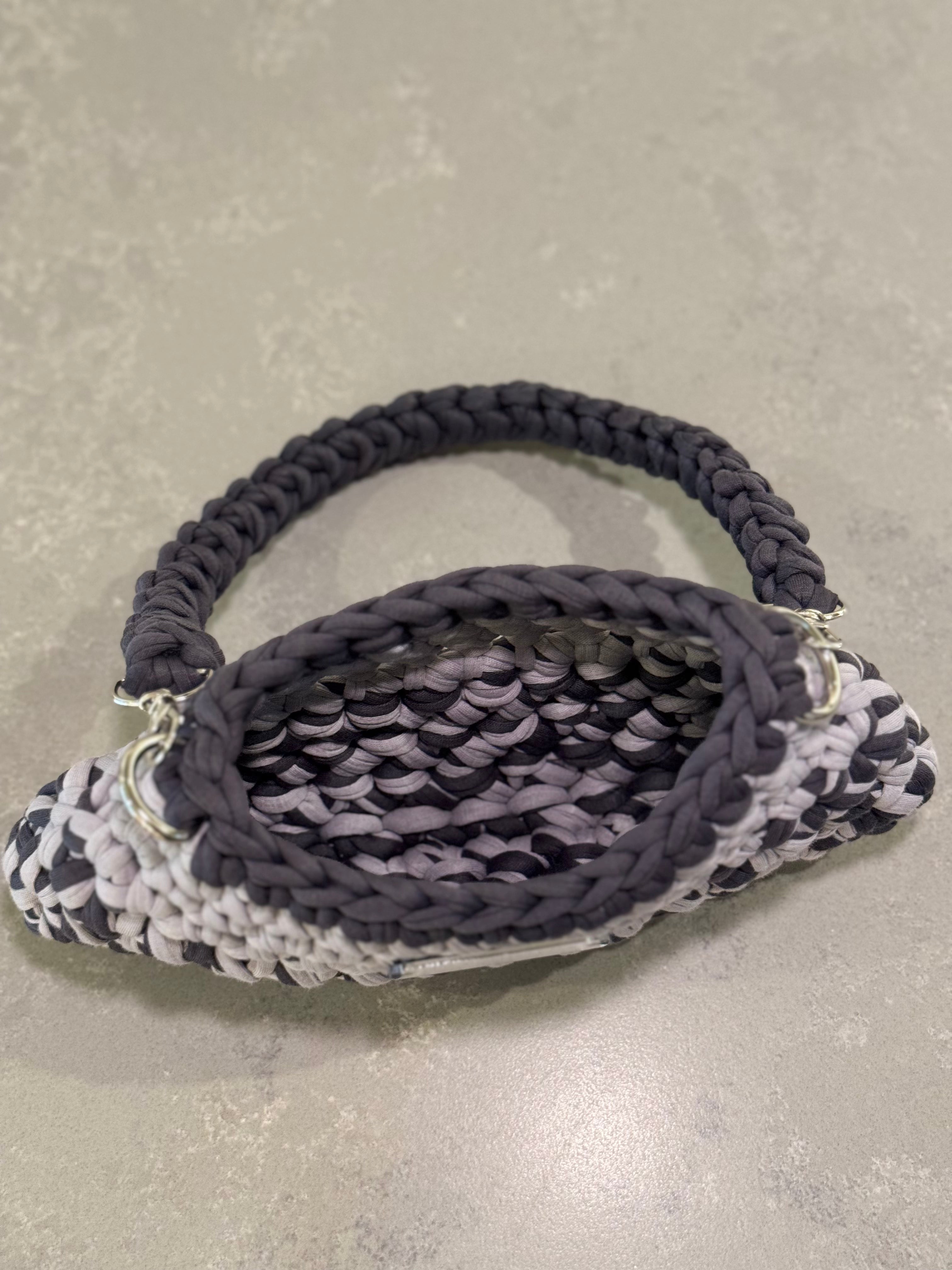 Mini Shoulder Bag | Handmade Crochet Accessary | Light Grey x Charcoal Cotton & Recycled T-shirt Yarn