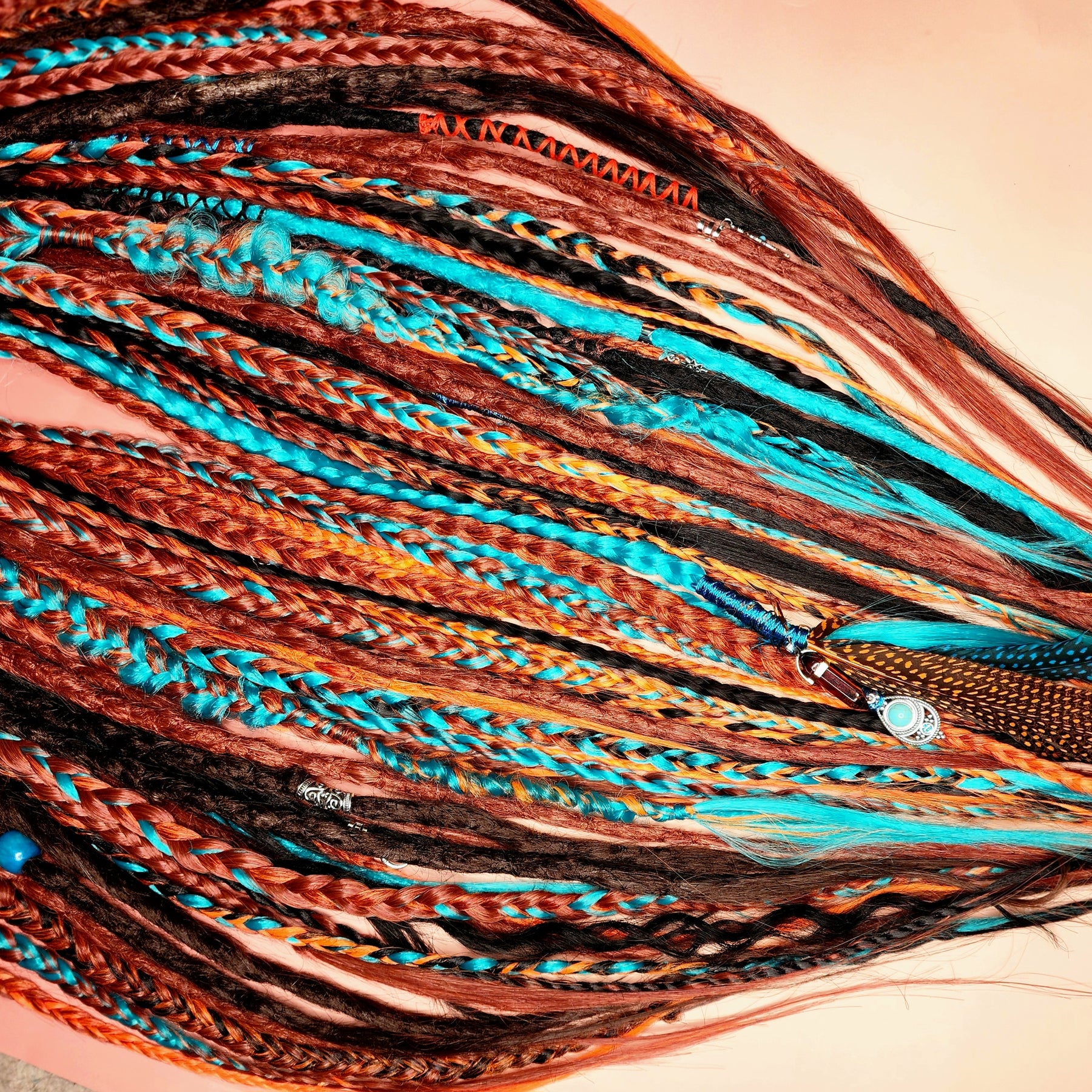 Dreadlock hair extensions. Braid in re usable temporary dreadlock extensions. CELTIC FIRE PHOENIX SET