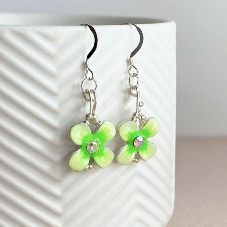 Green daisy crystal silver dangle earrings