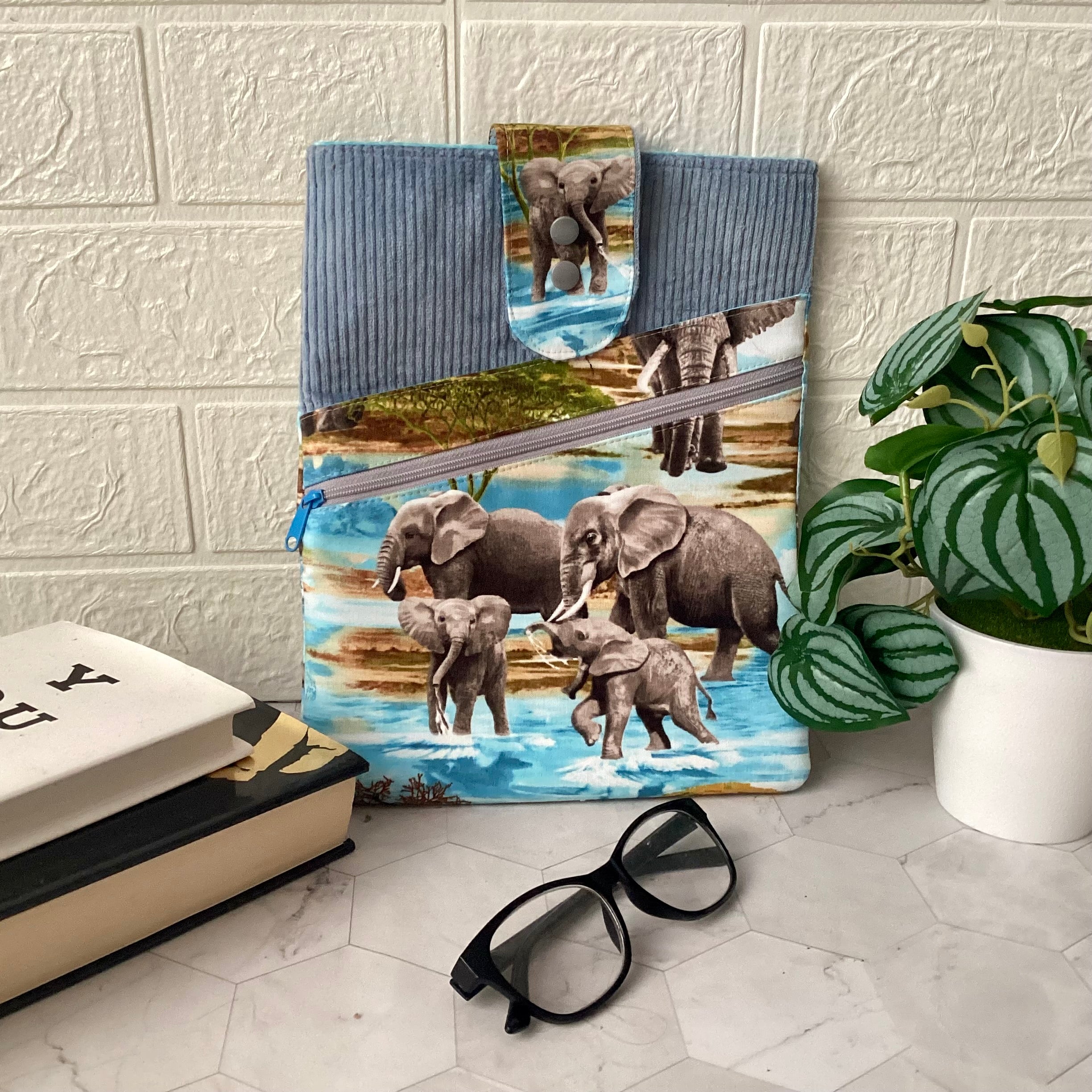 Elephants fabric book sleeve with 2 pockets. iPad, tablet pouch