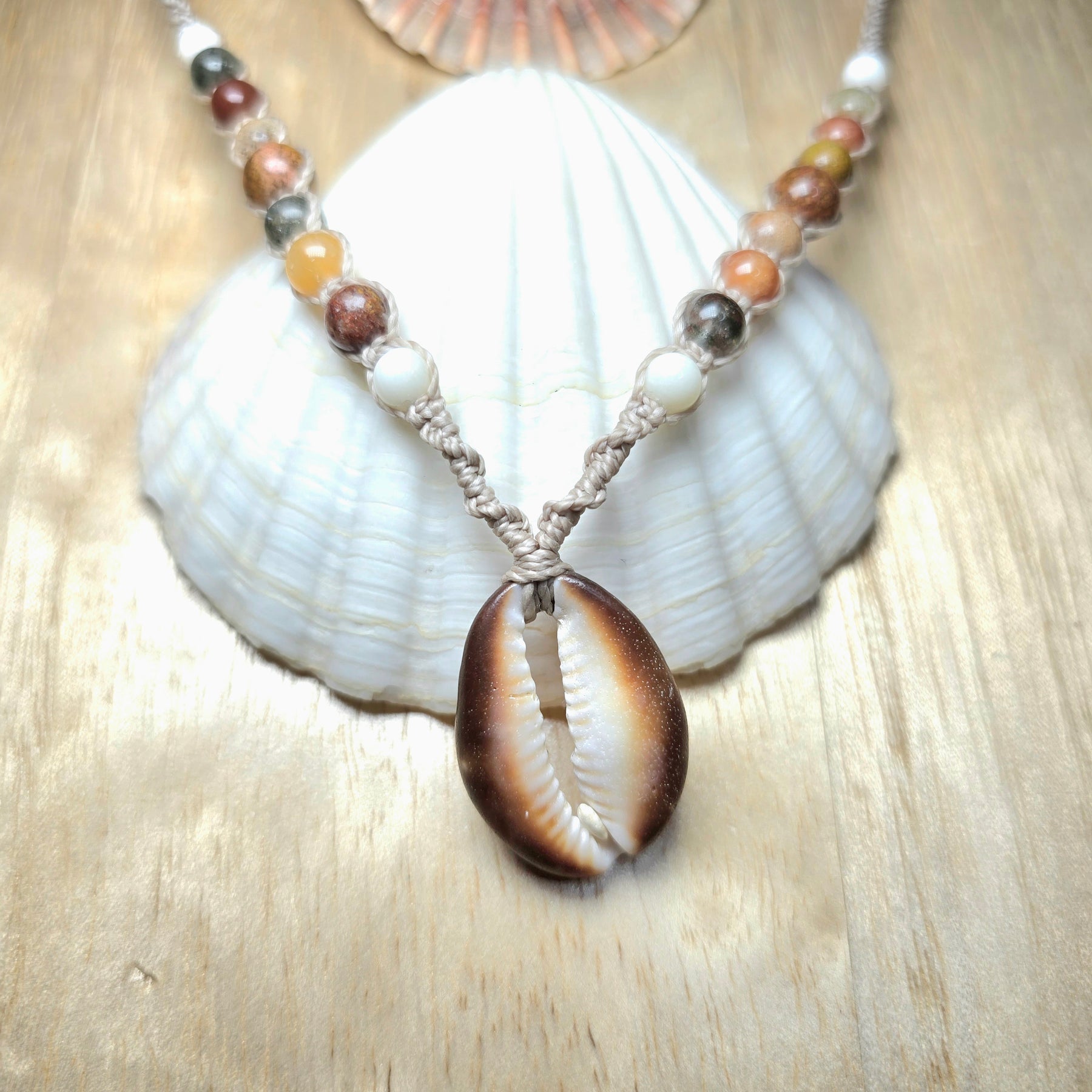 Cowrie Shell and Ocean Agate macrame Necklace