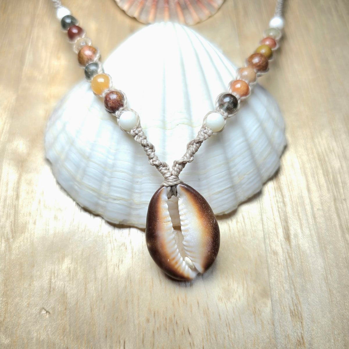 Cowrie Shell and Ocean Agate macrame Necklace