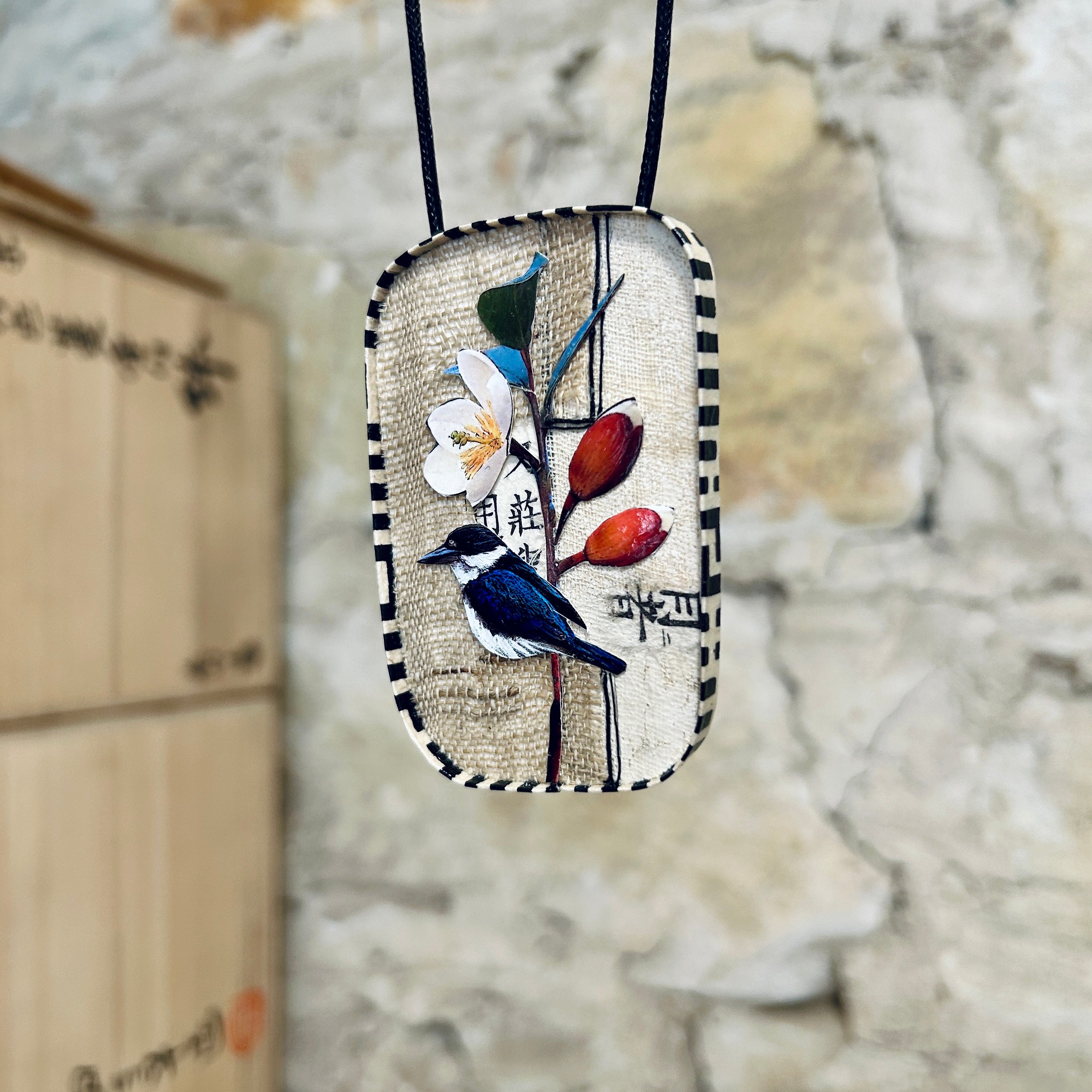 Pendant Necklace Brooch Miniature Kingfisher Collage Art - APE-35