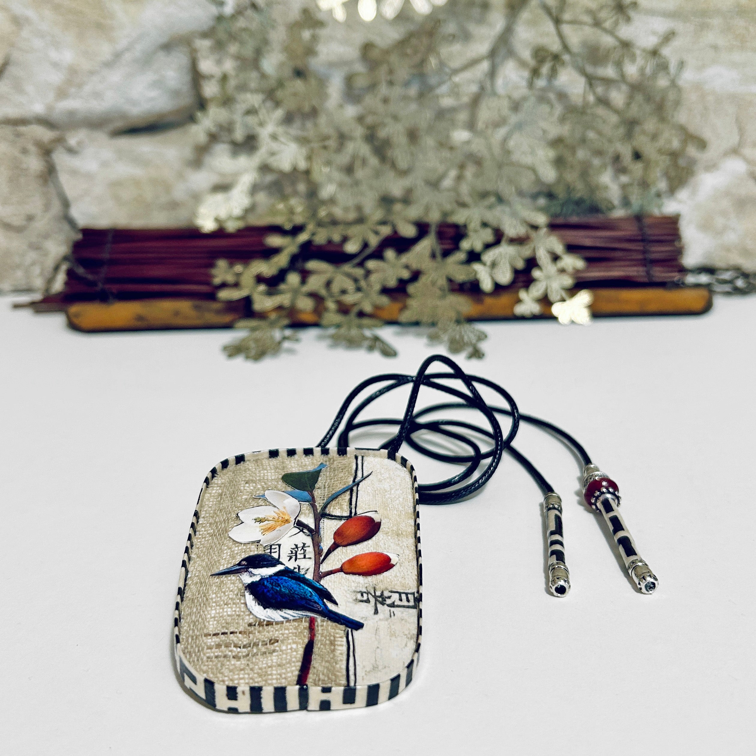 Pendant Necklace Brooch Miniature Kingfisher Collage Art - APE-35