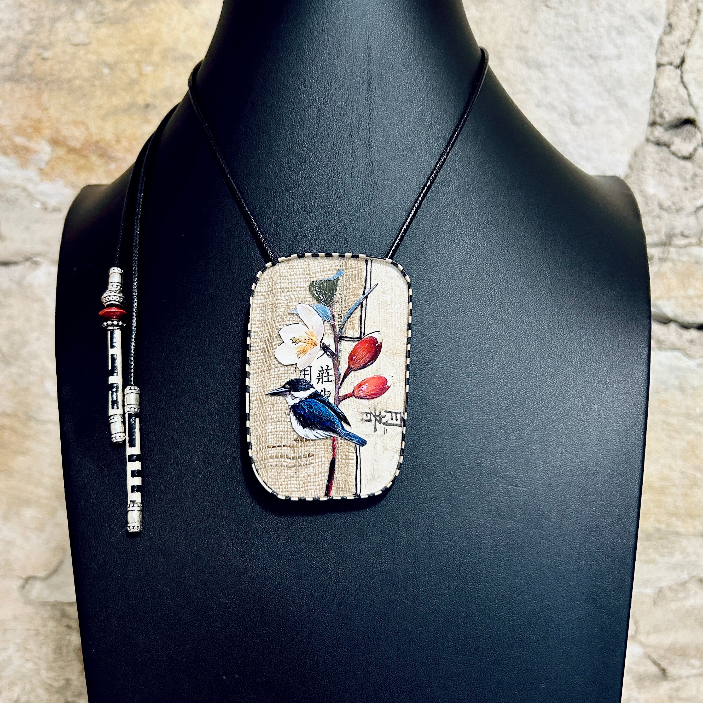 Pendant Necklace Brooch Miniature Kingfisher Collage Art - APE-35