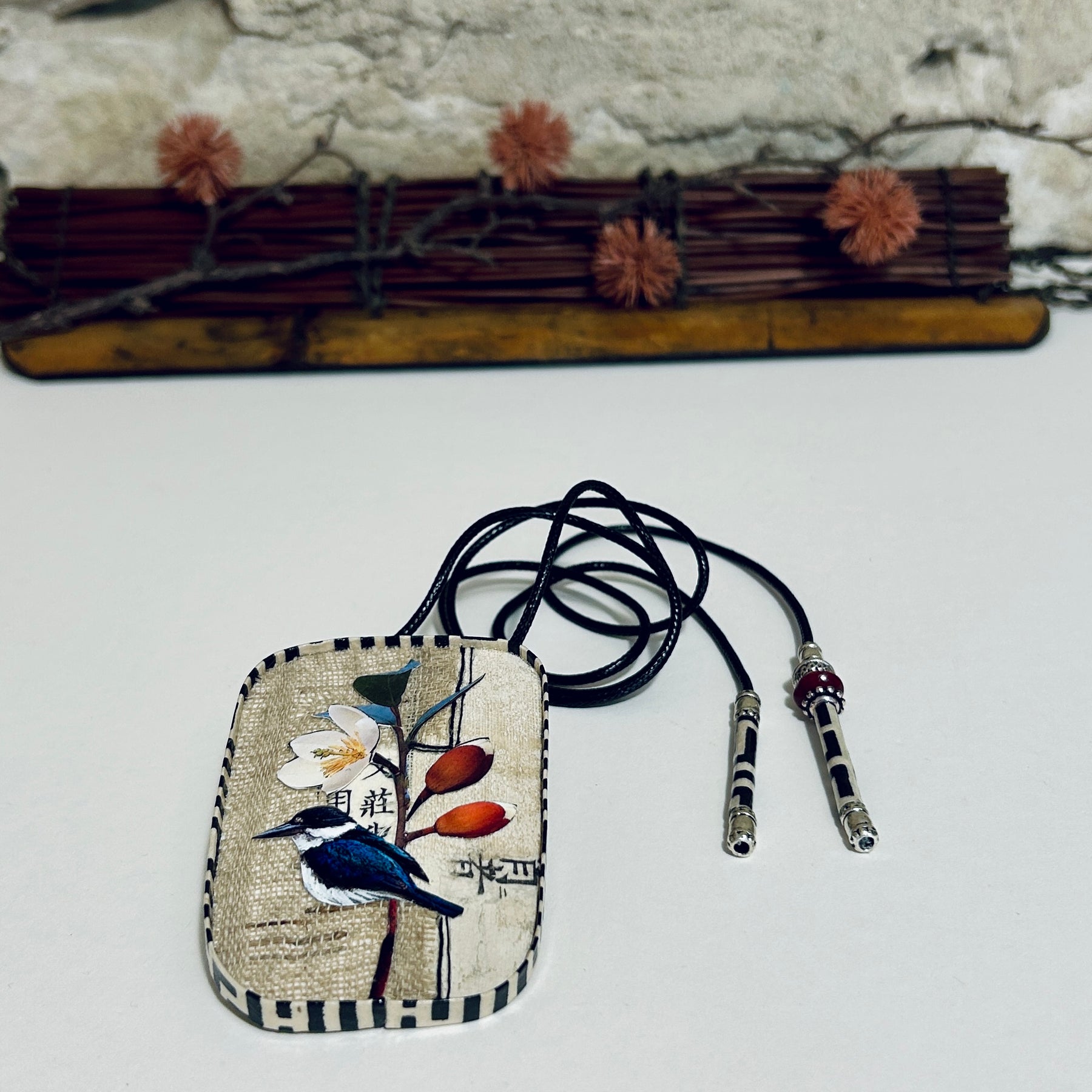 Pendant Necklace Brooch Miniature Kingfisher Collage Art - APE-35