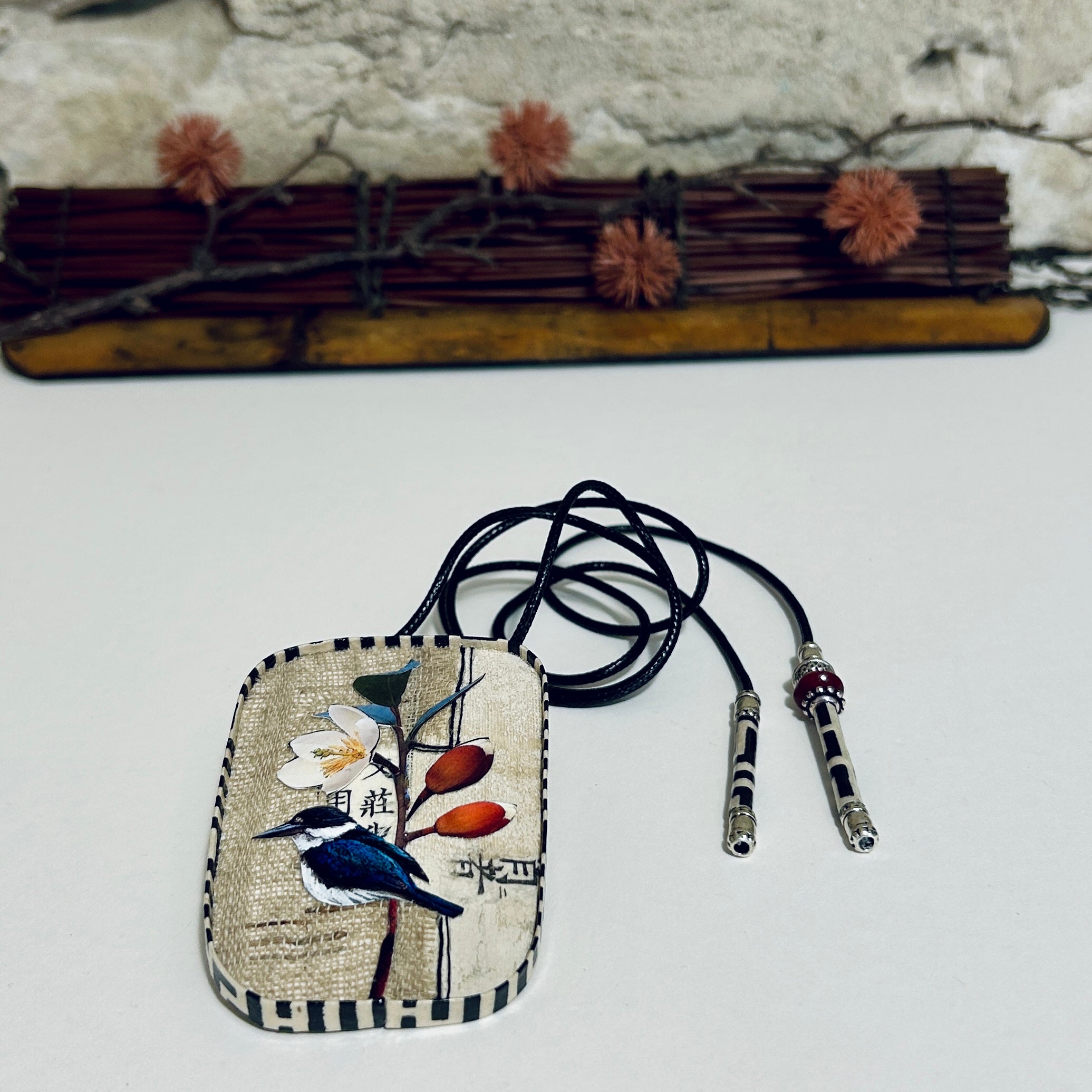 Pendant Necklace Brooch Miniature Kingfisher Collage Art - APE-35