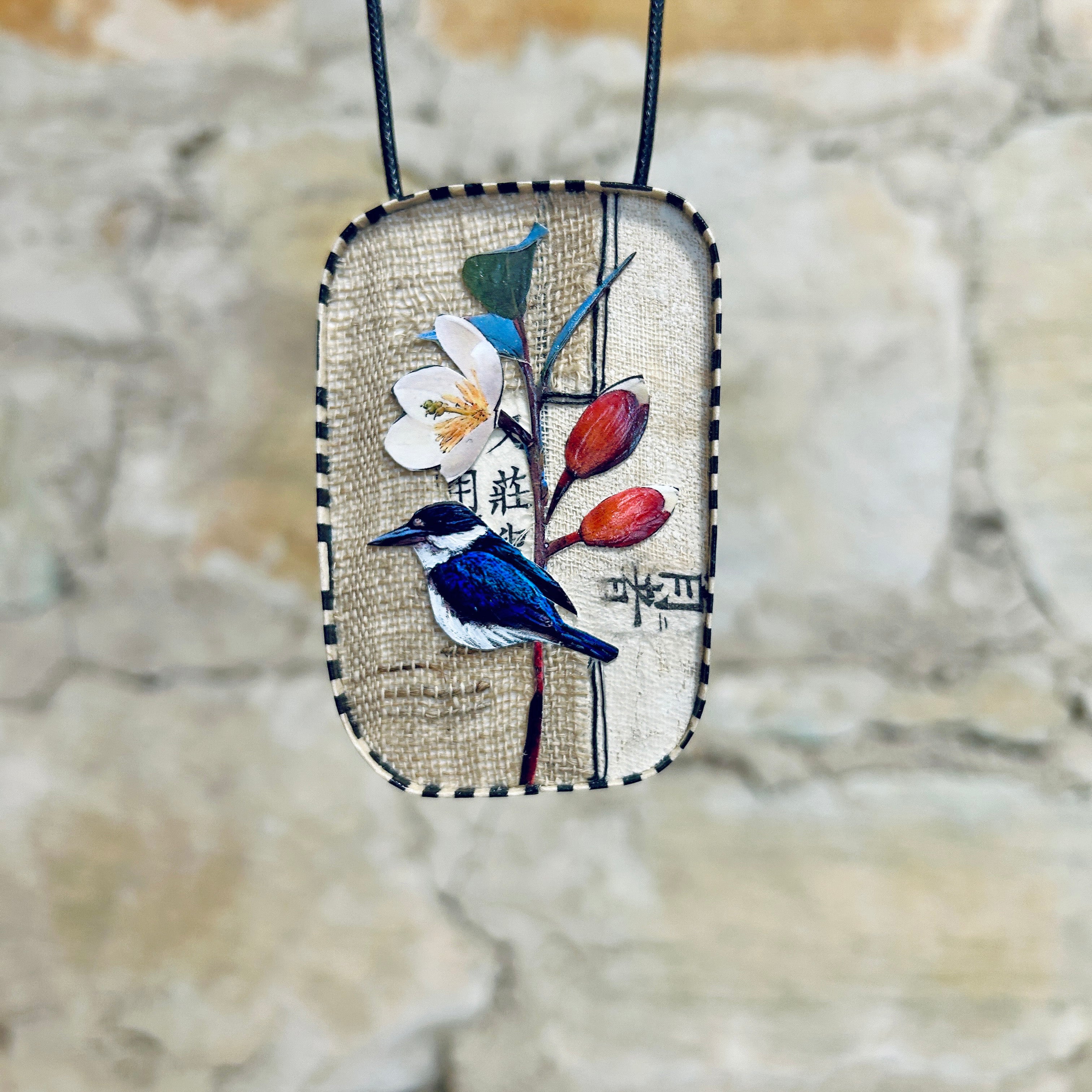 Pendant Necklace Brooch Miniature Kingfisher Collage Art - APE-35