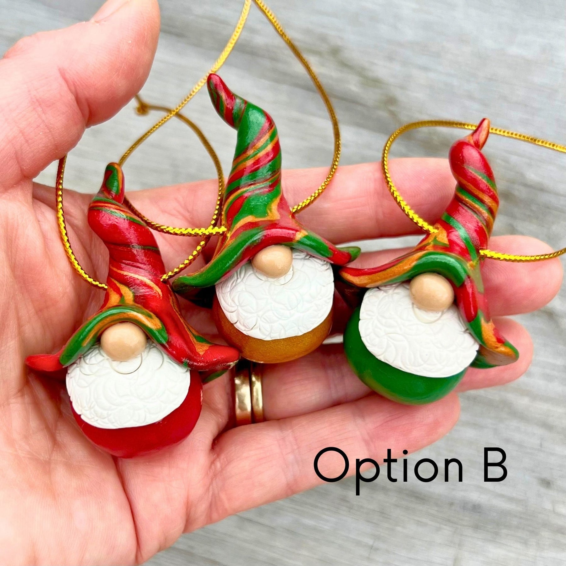 Whimsical Gnome Christmas bauble trio - red, green & gold
