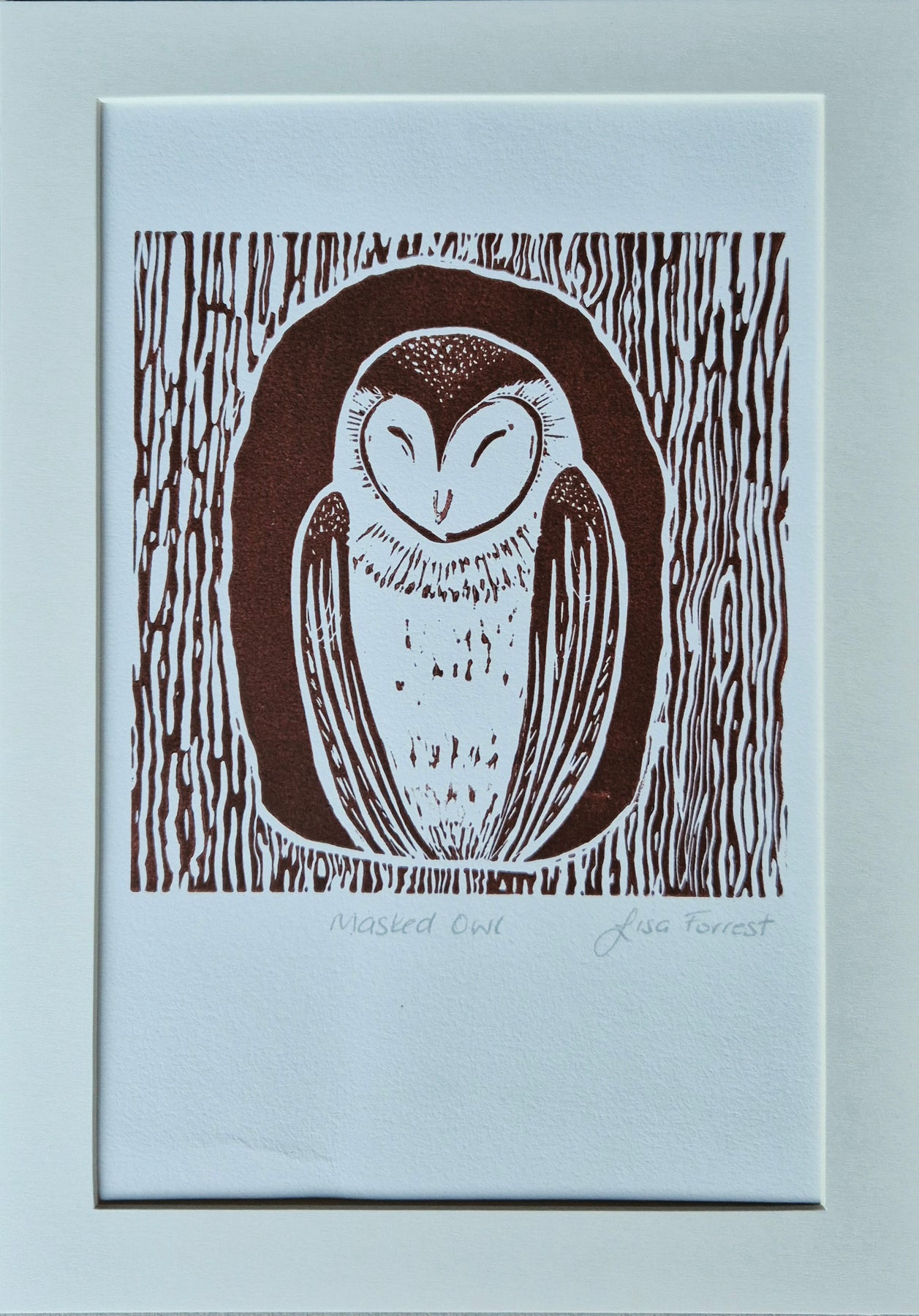 'Masked Owl' Original Linocut