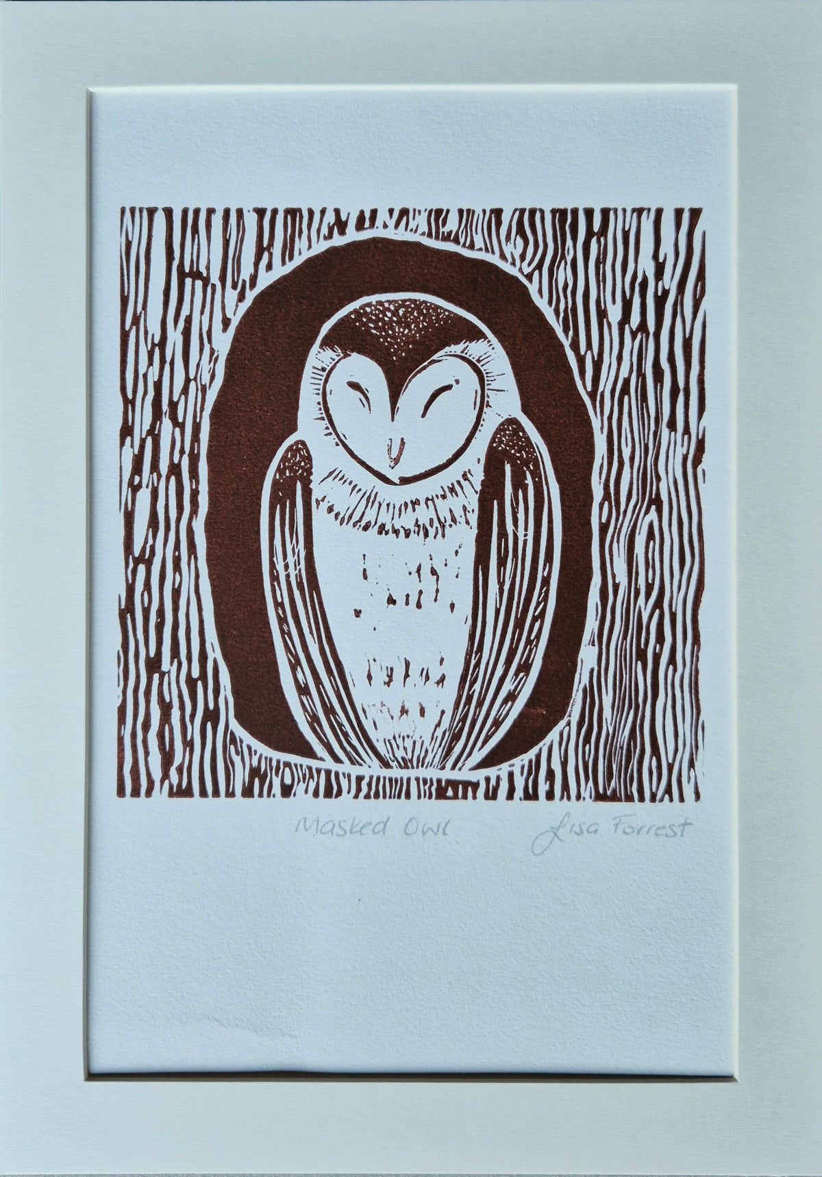 'Masked Owl' Original Linocut