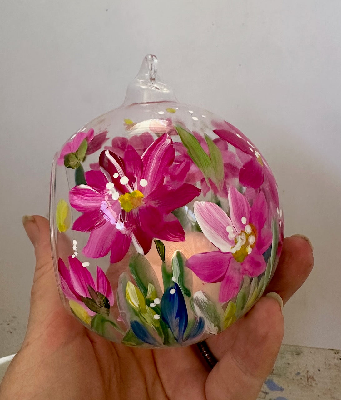 Glass Hanging Candle Holder Hand Painted With Pink Blooms